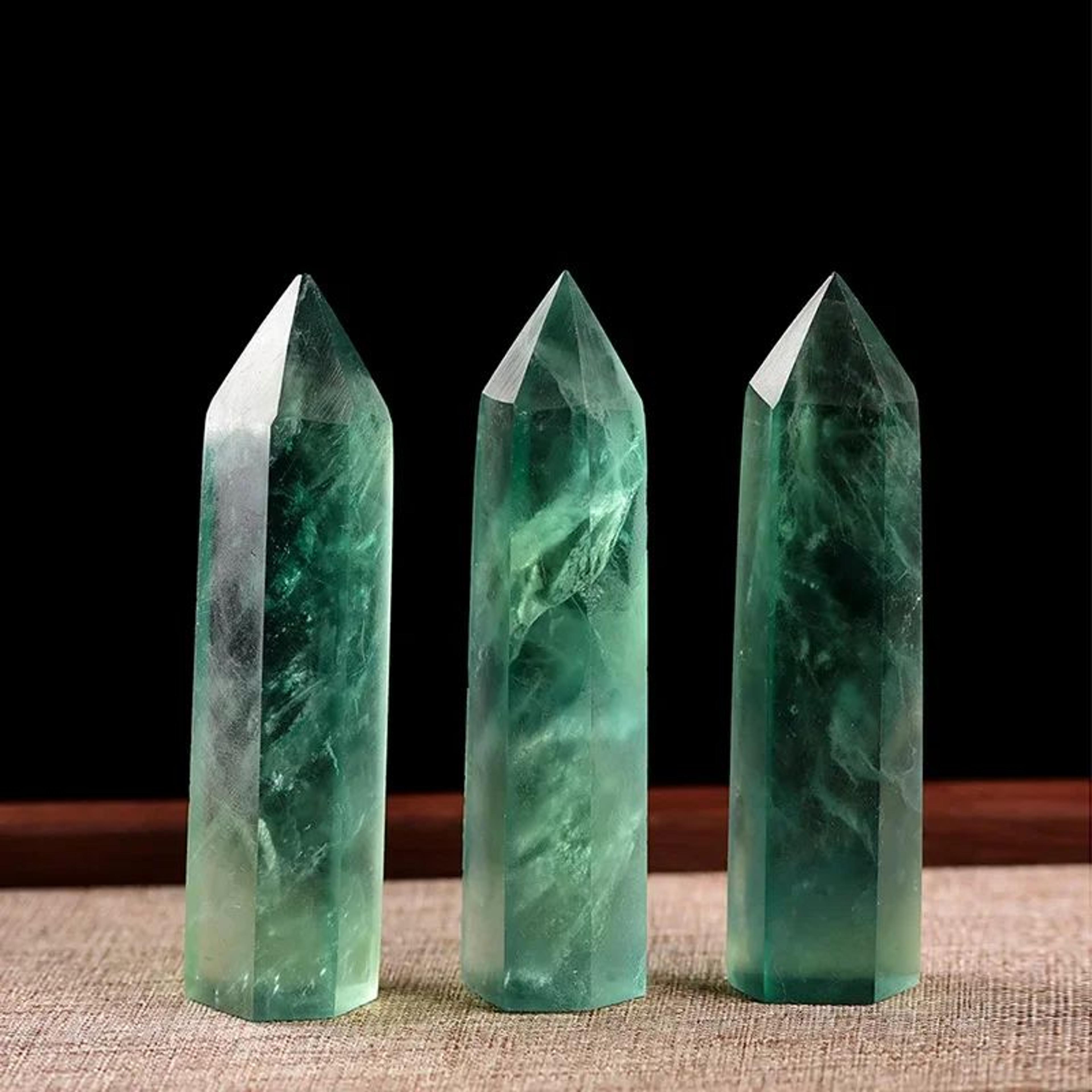 green fluorite crystal obelisk tower for meditation and decor