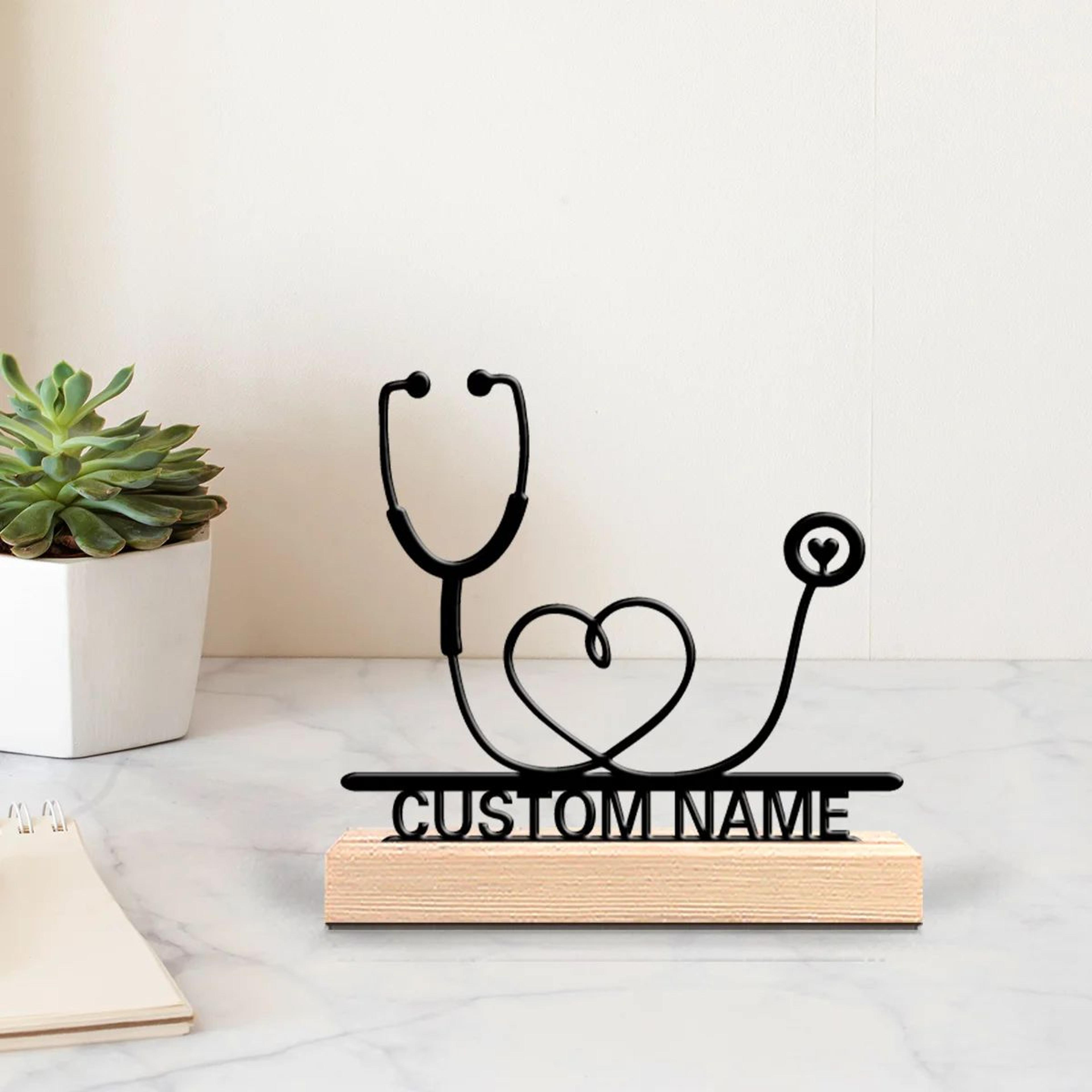 personalized stethoscope desk decor metal statue with wooden base for doctors