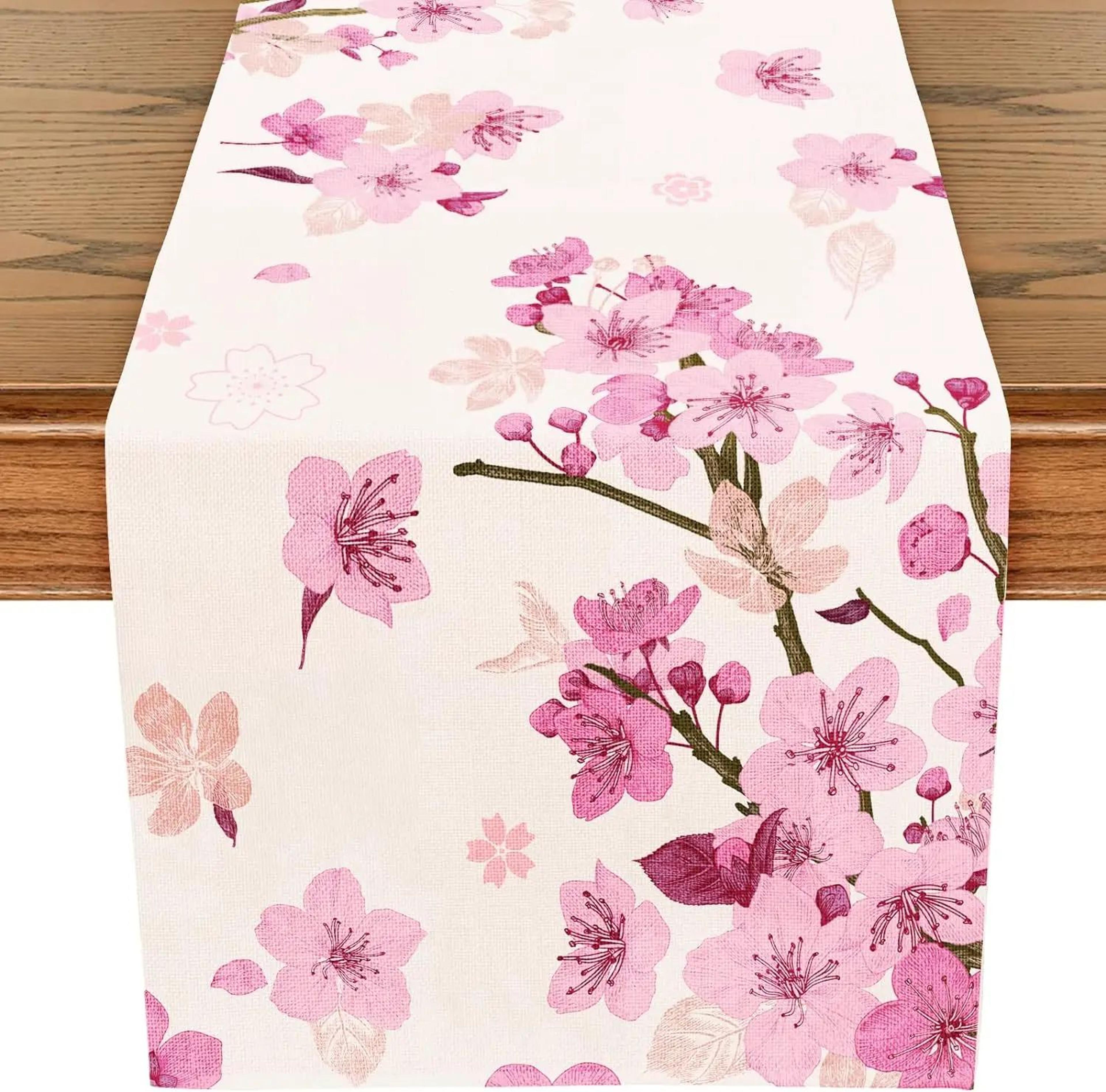 cherry blossom linen spring table runner for farmhouse dining and wedding decor