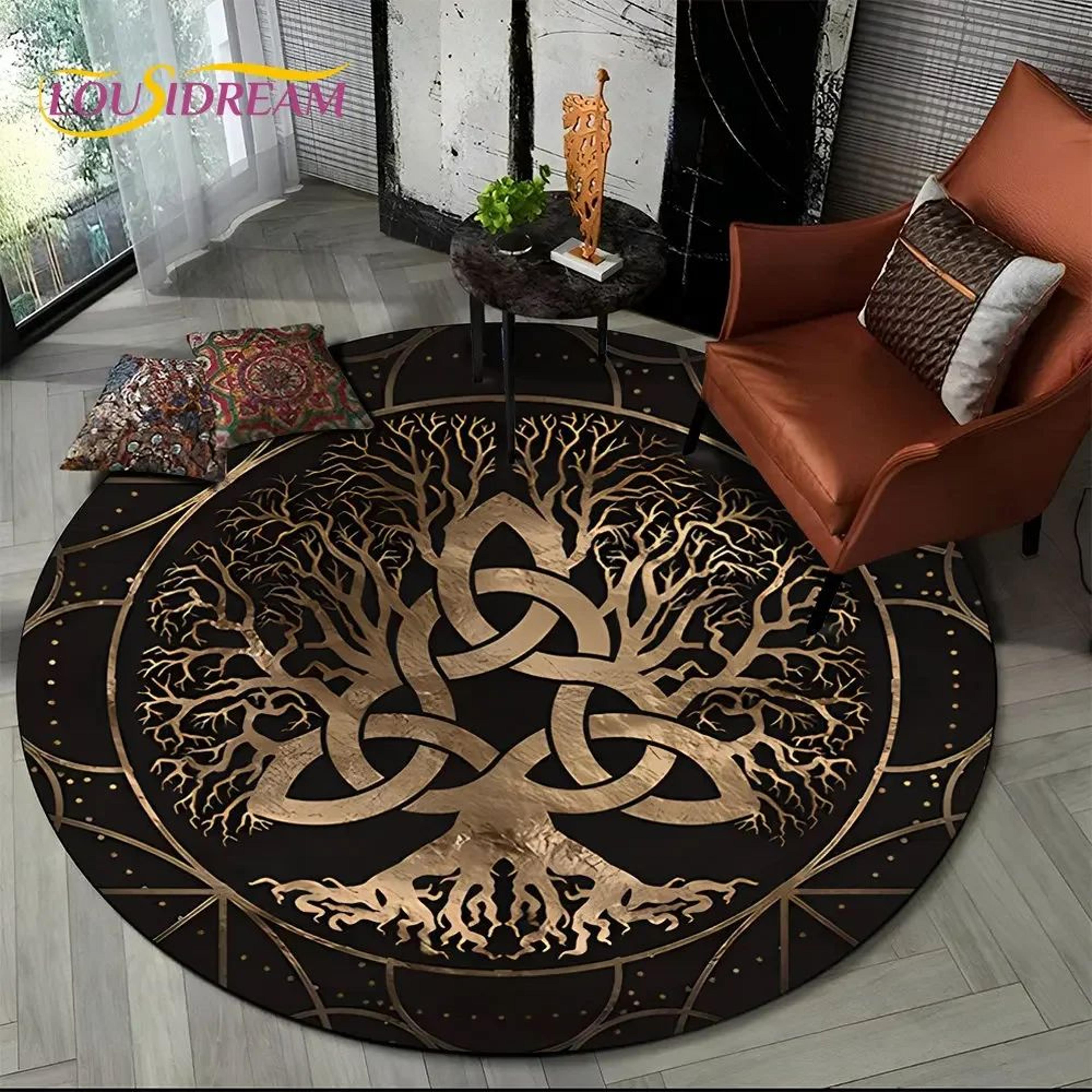 viking yggdrasil tree of life round living room rug with non-slip backing