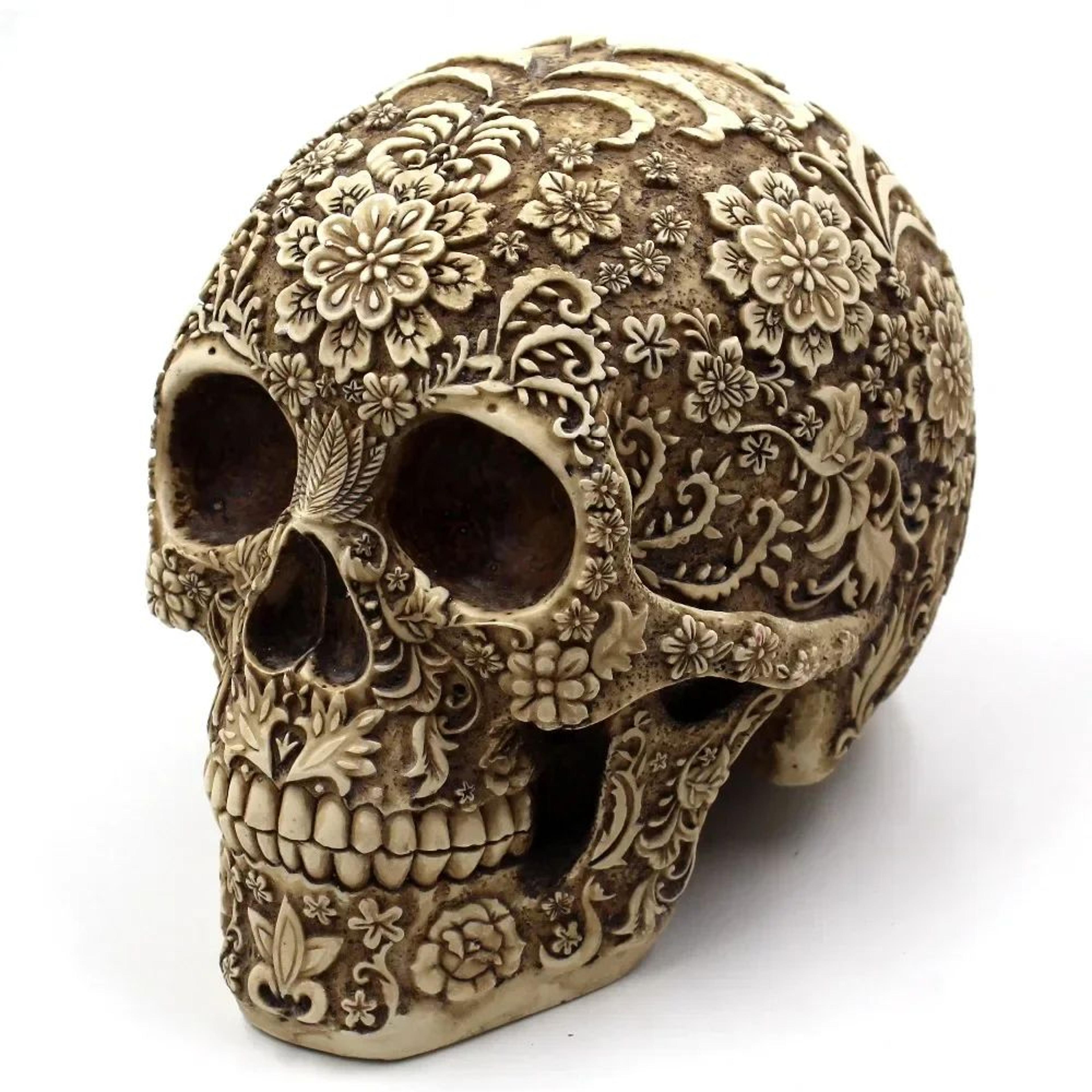elegant resin skull sculpture with plum blossom art – gothic home decor accent