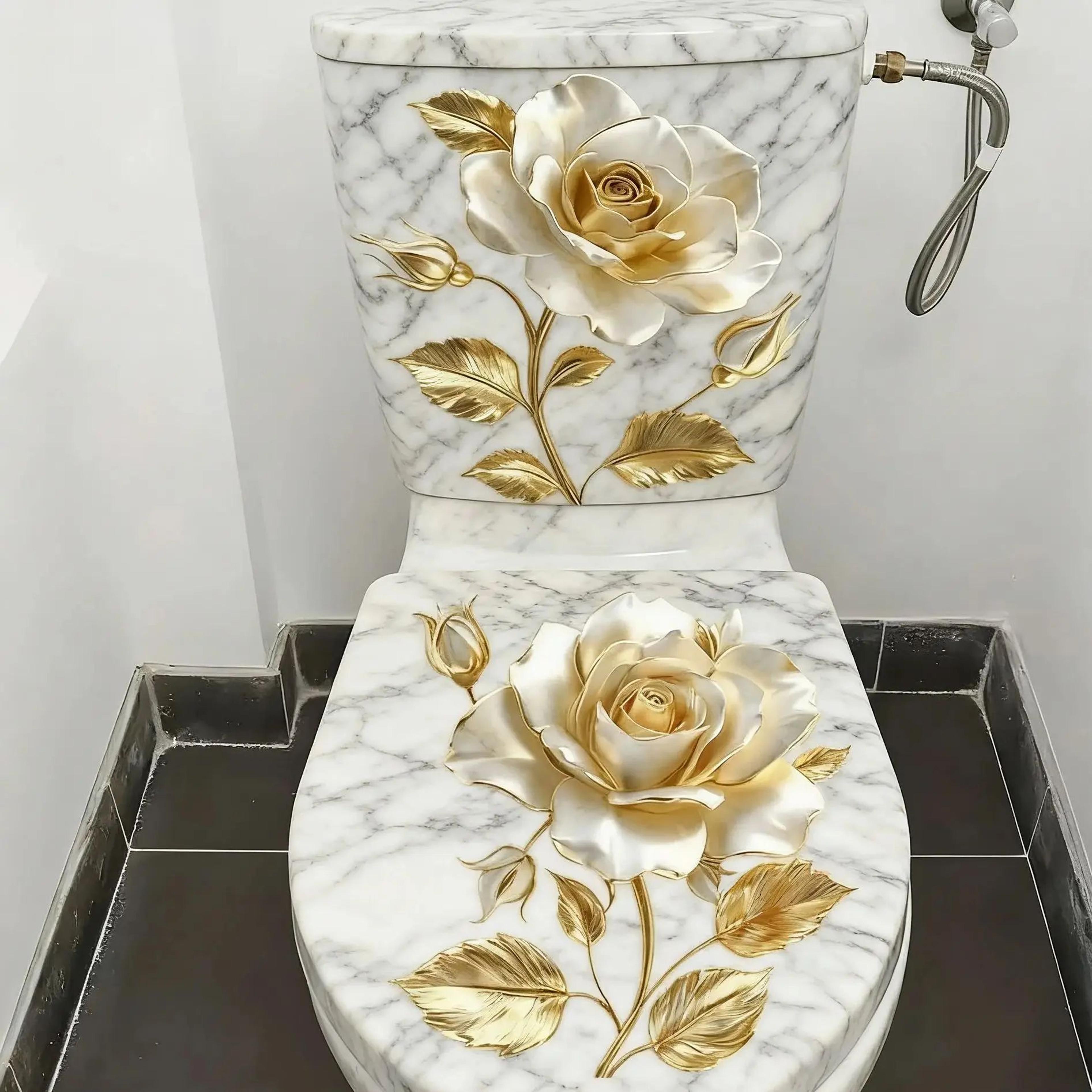 golden floral toilet seat sticker waterproof self-adhesive bathroom toilet decal (2pcs)