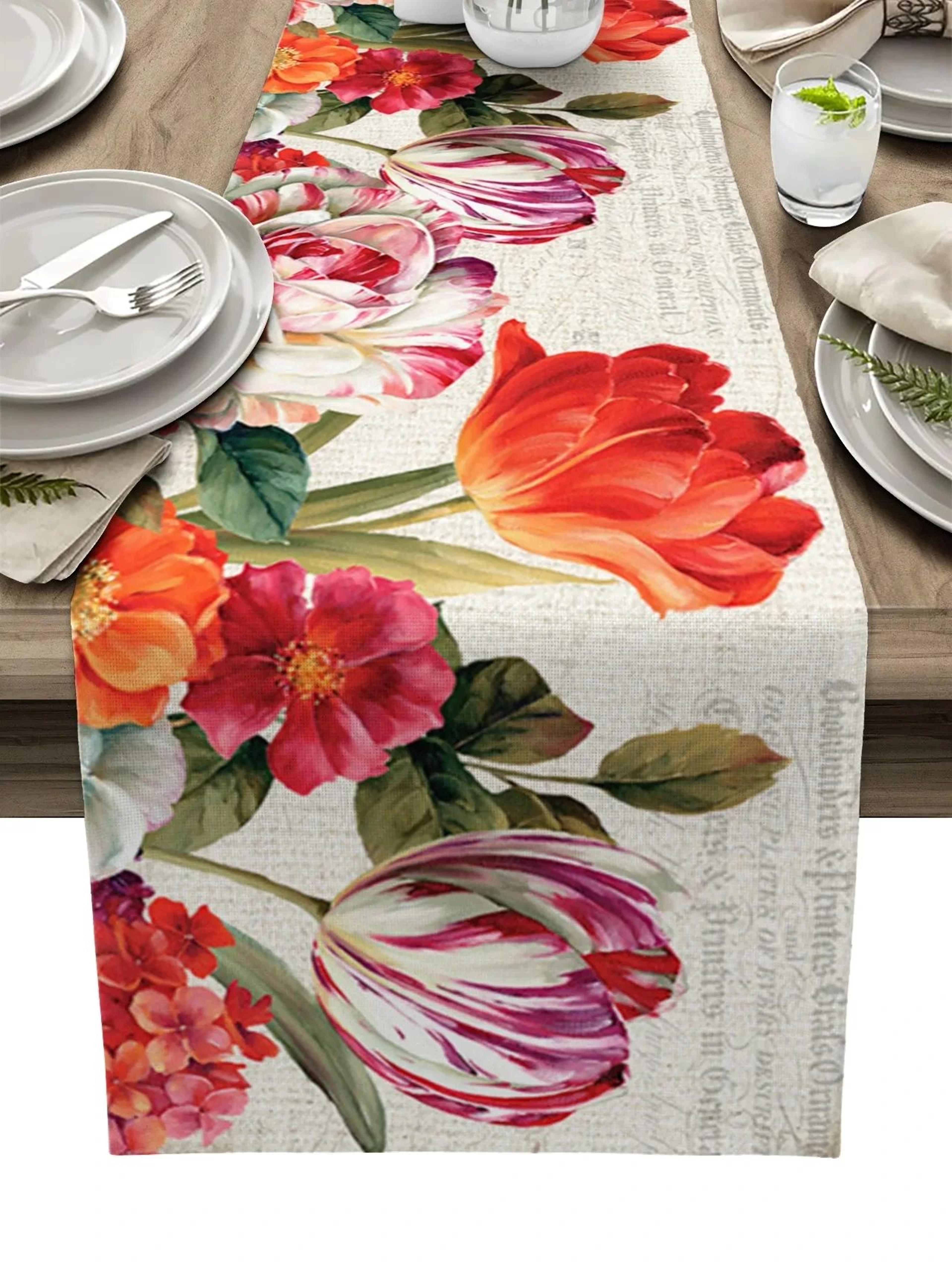 vintage tulip floral table runner – linen farmhouse table decor for elegant dining