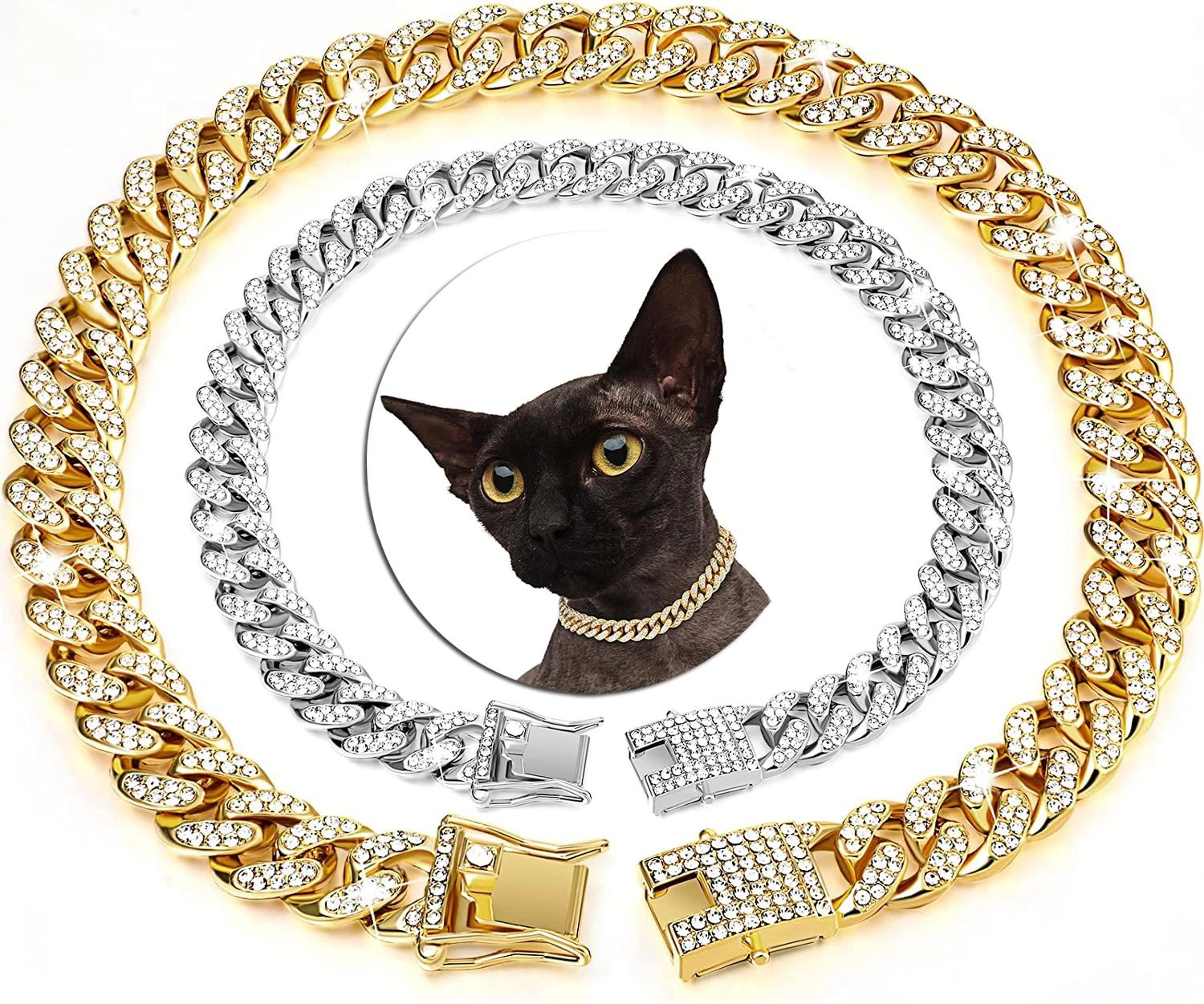 luxury cuban link cat collar with rhinestone gold chain