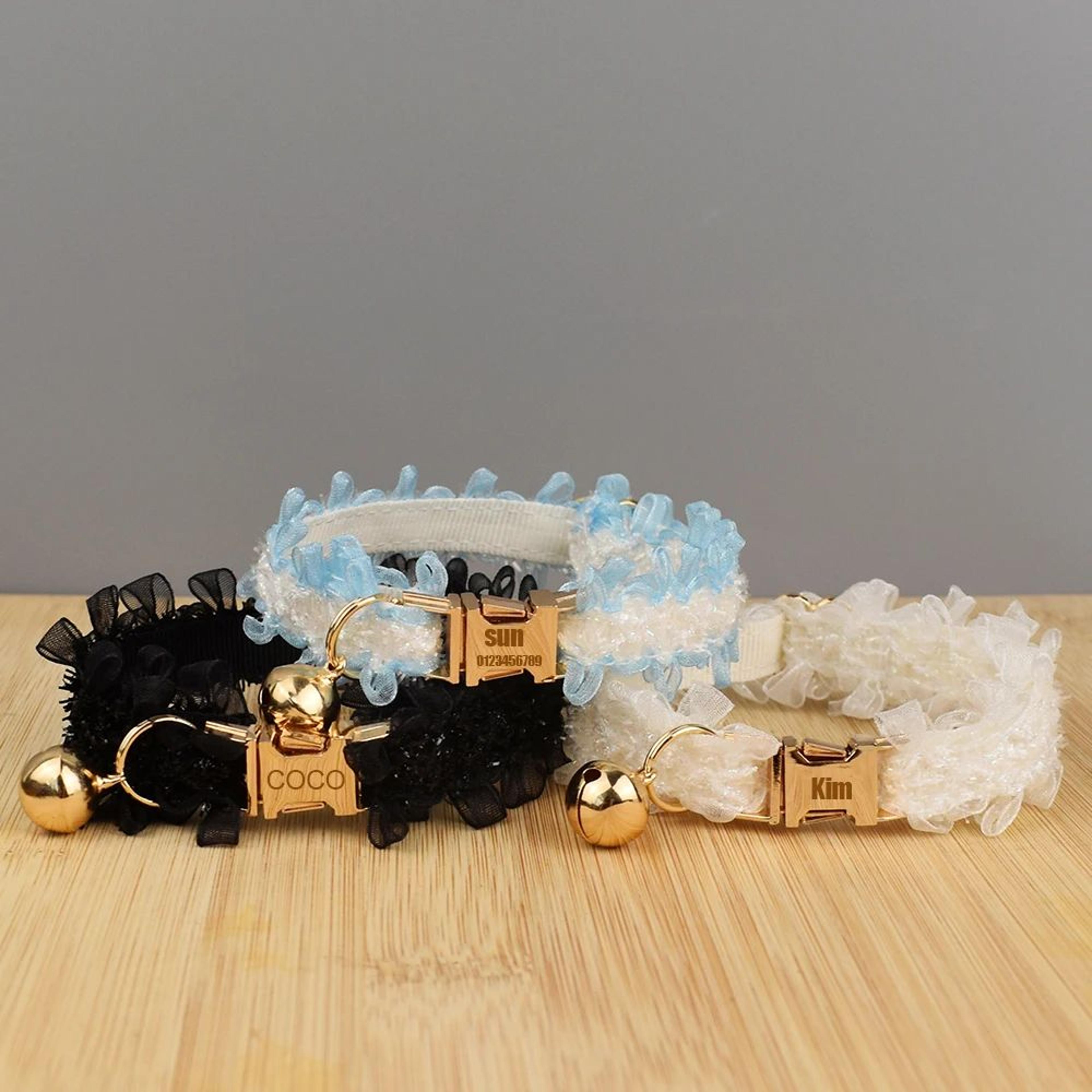 personalized cat collar with lace, bell and adjustable safety fit