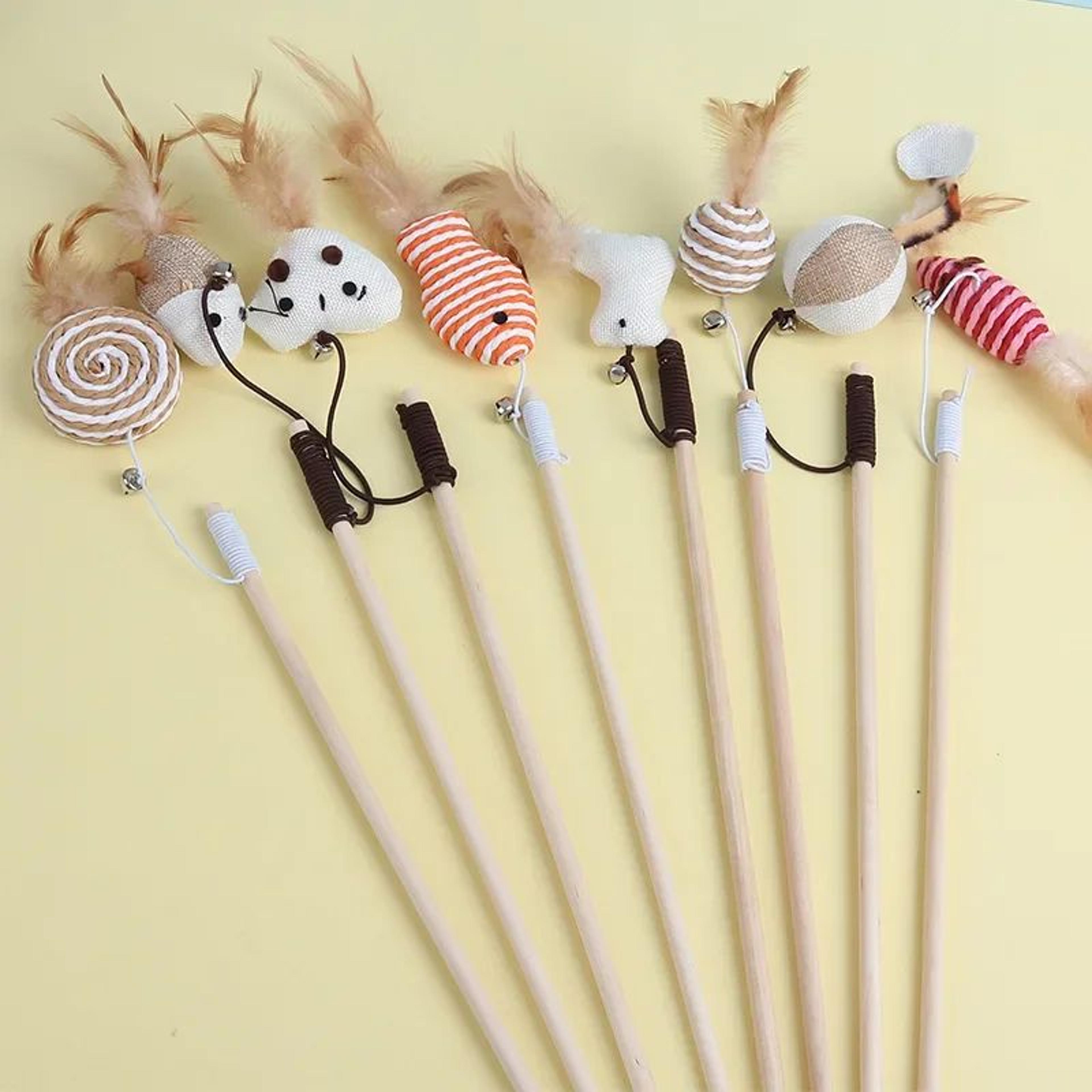 interactive feather bell cat wand toy – wooden mouse teaser stick for indoor cats