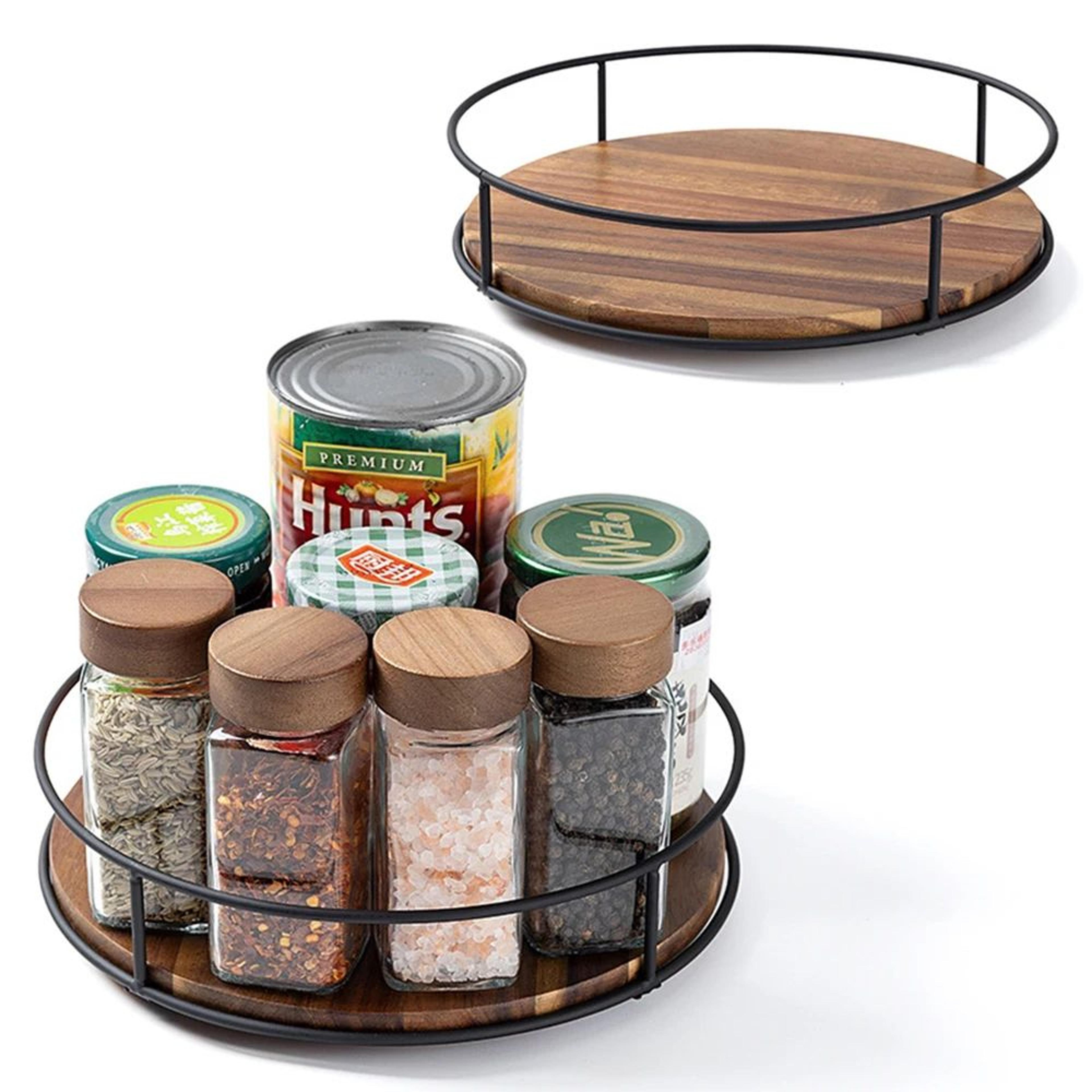acacia wood lazy susan turntable with metal frame organizer