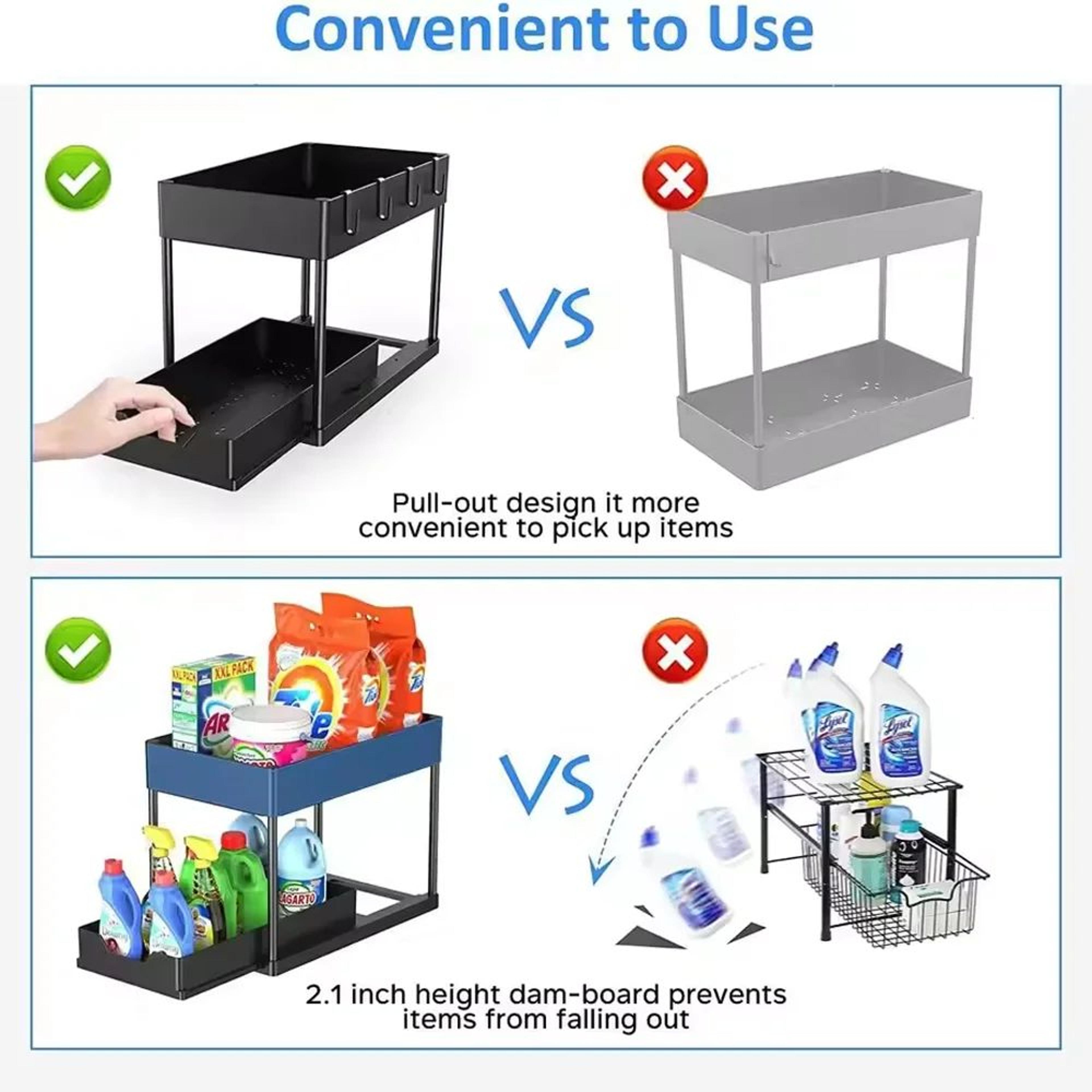 2-tier sliding under sink organizer rack with hooks & storage cup