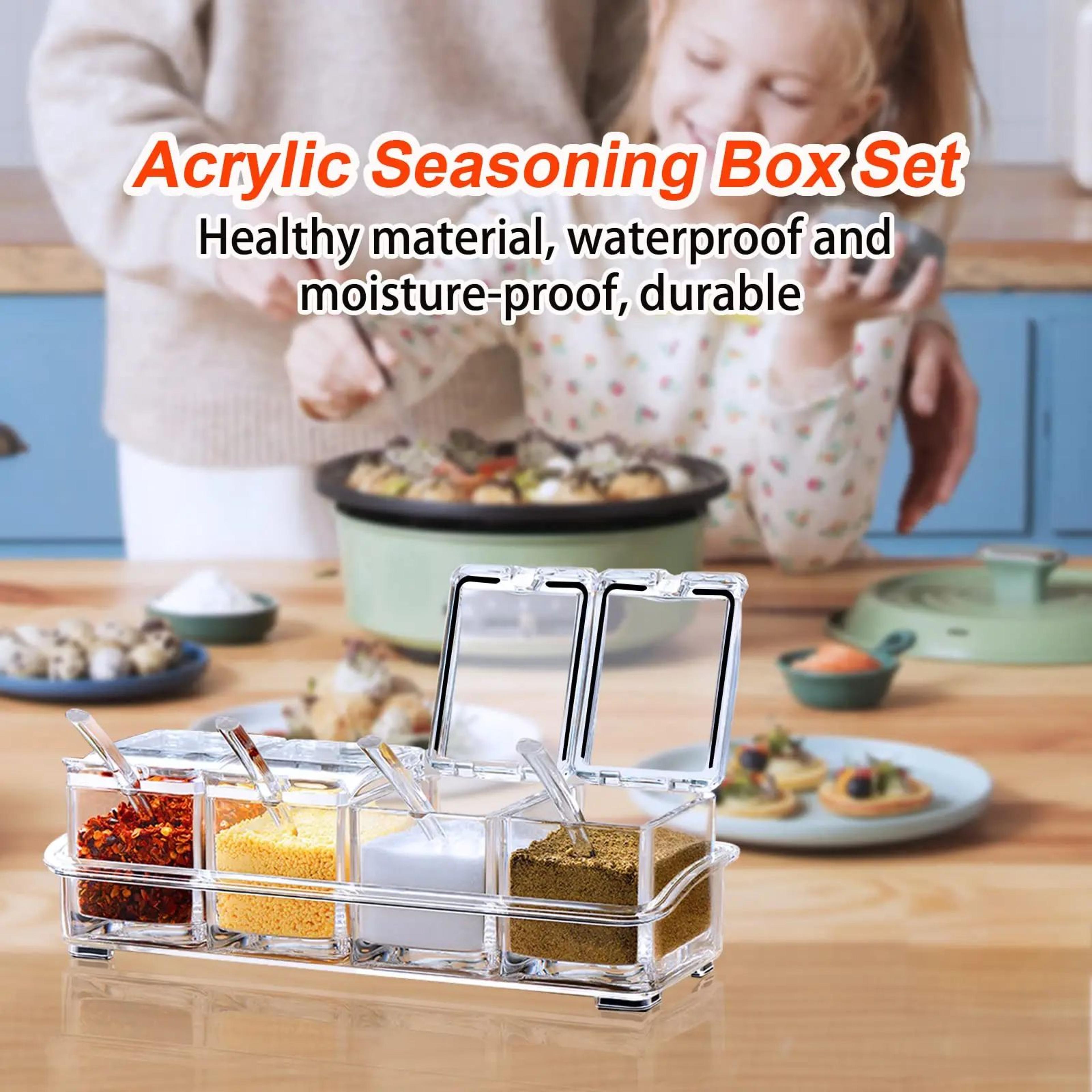 4-in-1 clear seasoning storage box set with spoon dispenser