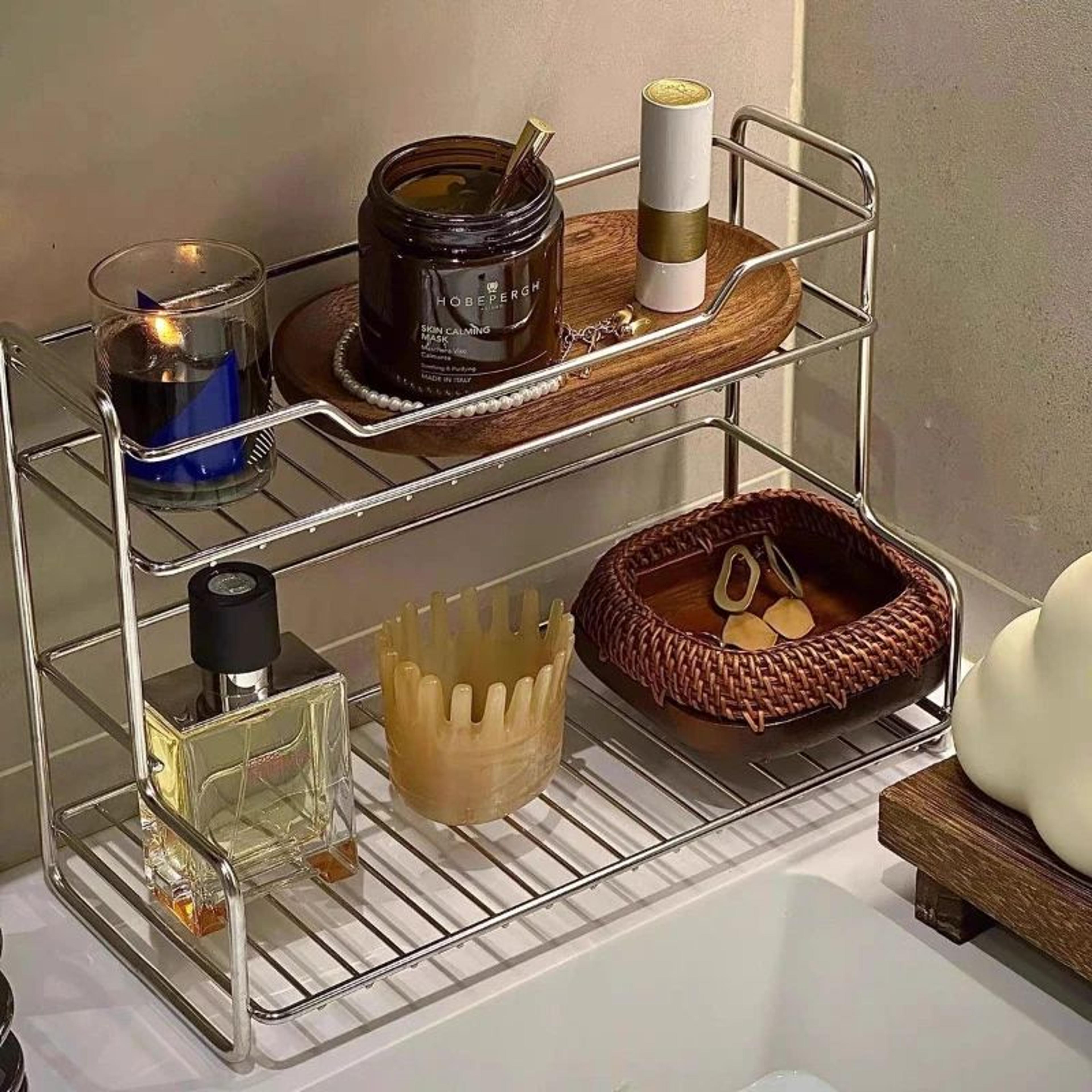 aquastack 2-tier bathroom counter organizer with drainage tray & cosmetic storage rack