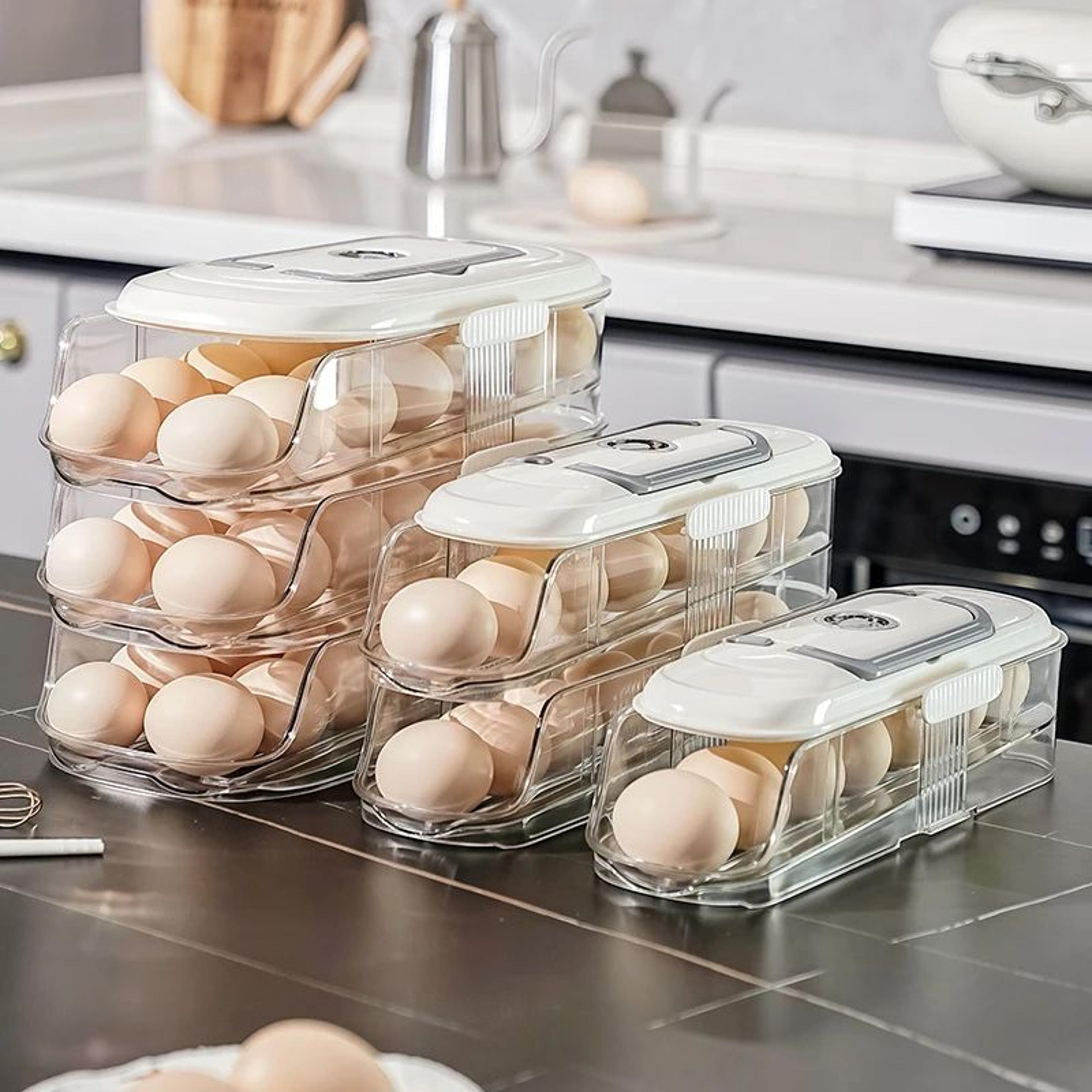 auto-roll refrigerator egg organizer rack – multi-layer egg storage box for fridge door & shelves