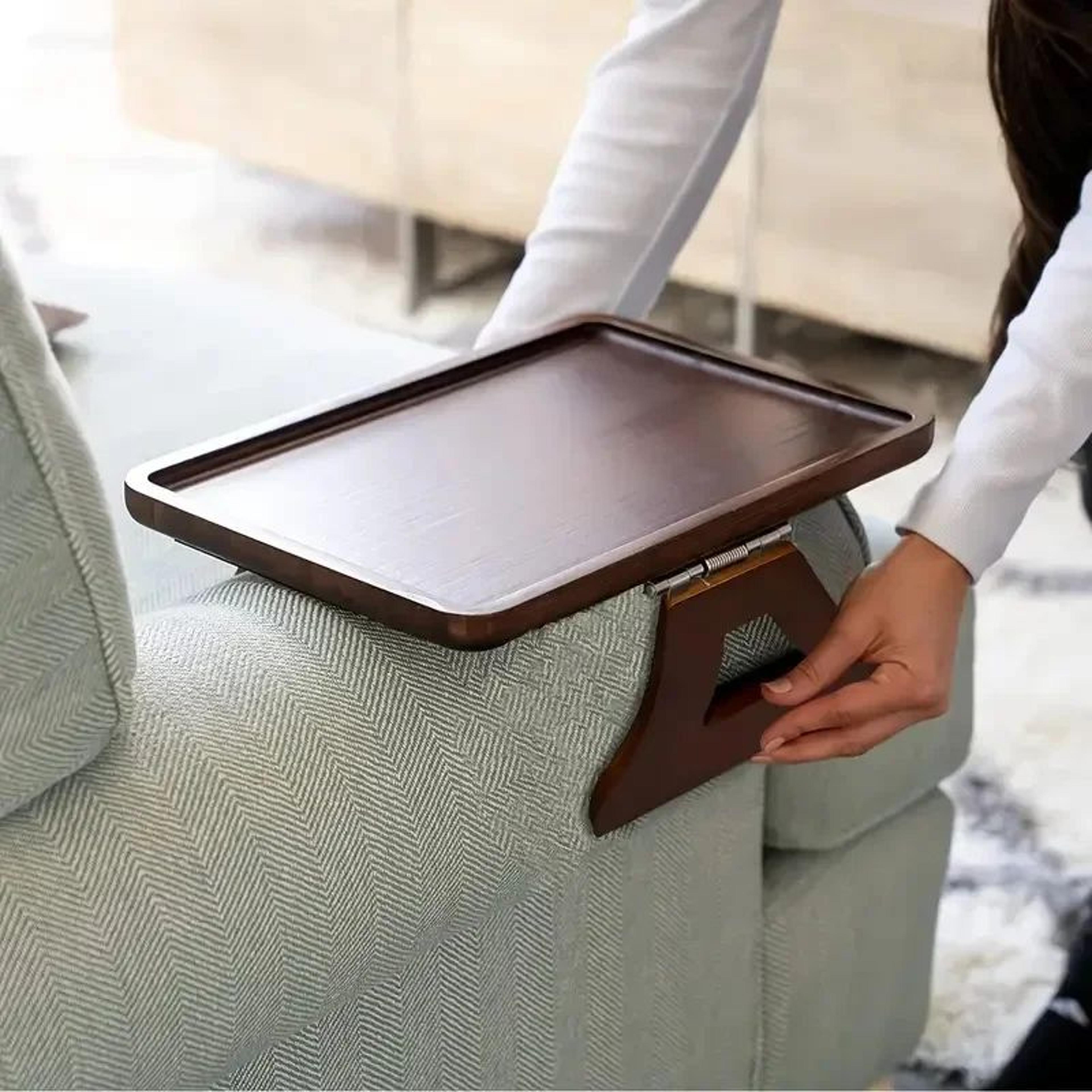 wooden sofa armrest tray table for drinks, snacks & remote storage