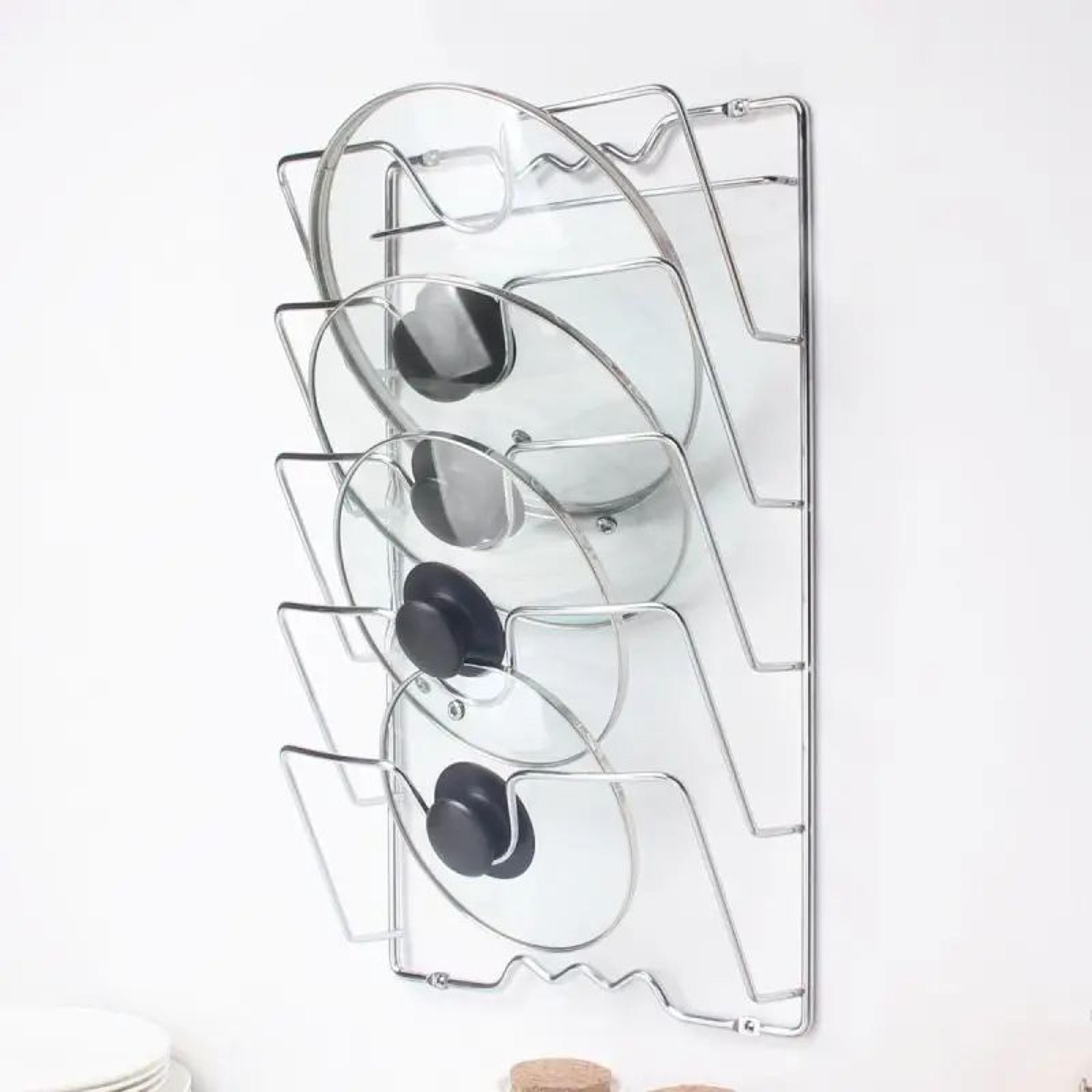 space-saving 5-tier pot lid organizer rack for wall-mounted kitchen storage