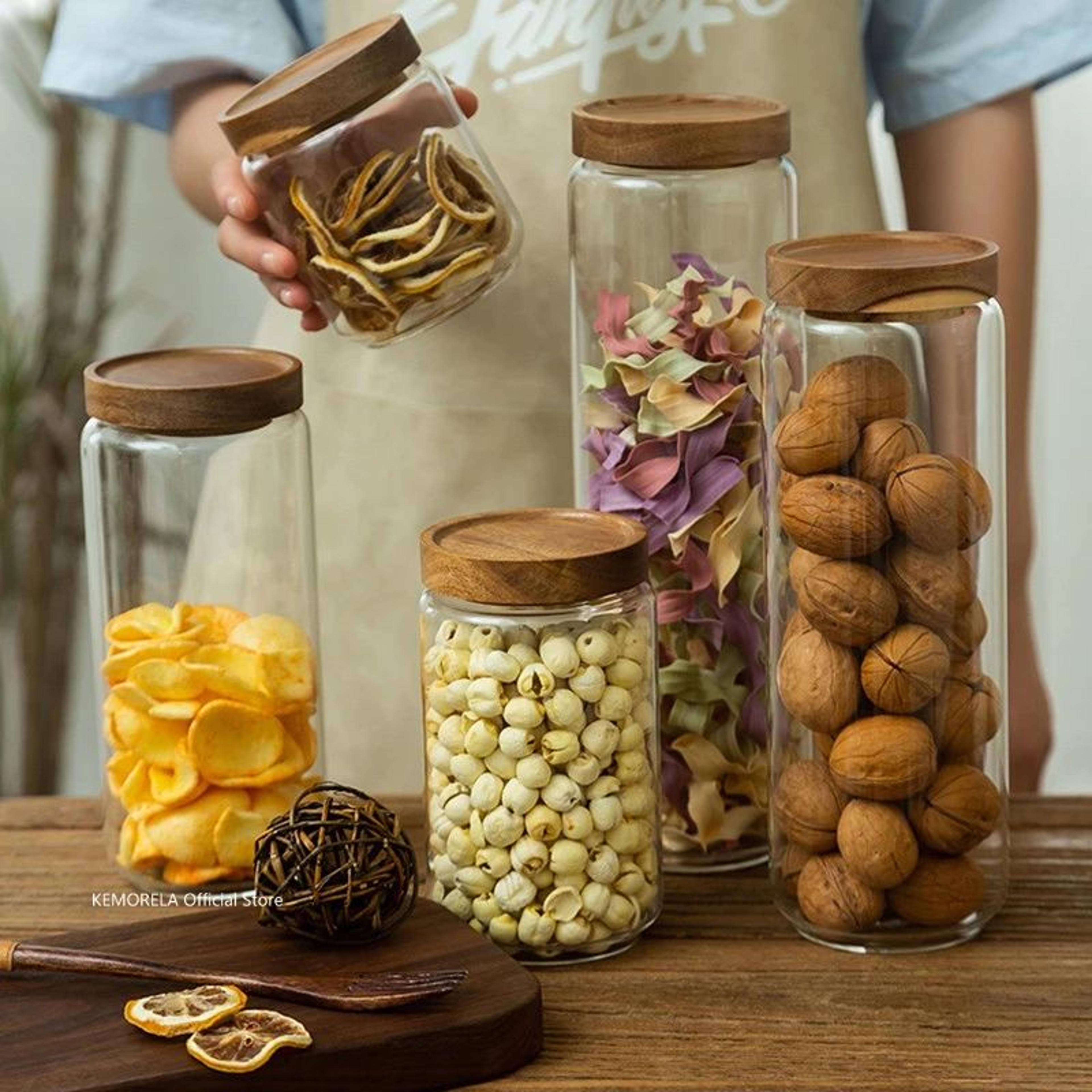 airtight glass canister with natural wood lid – elegant kitchen storage container for coffee, tea & pantry essentials