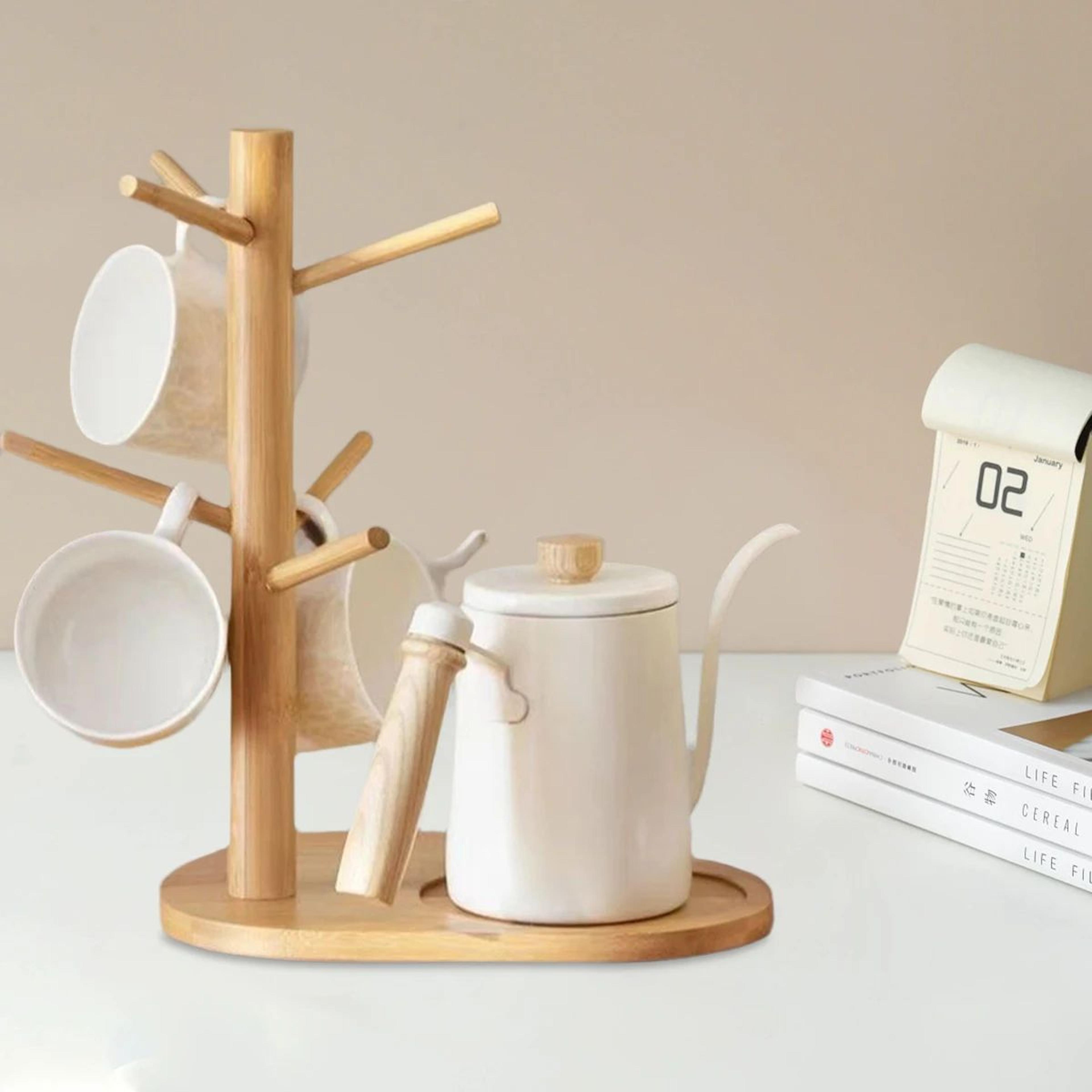 bamboo mug tree holder with non-slip base | coffee mug rack stand for kitchen counter