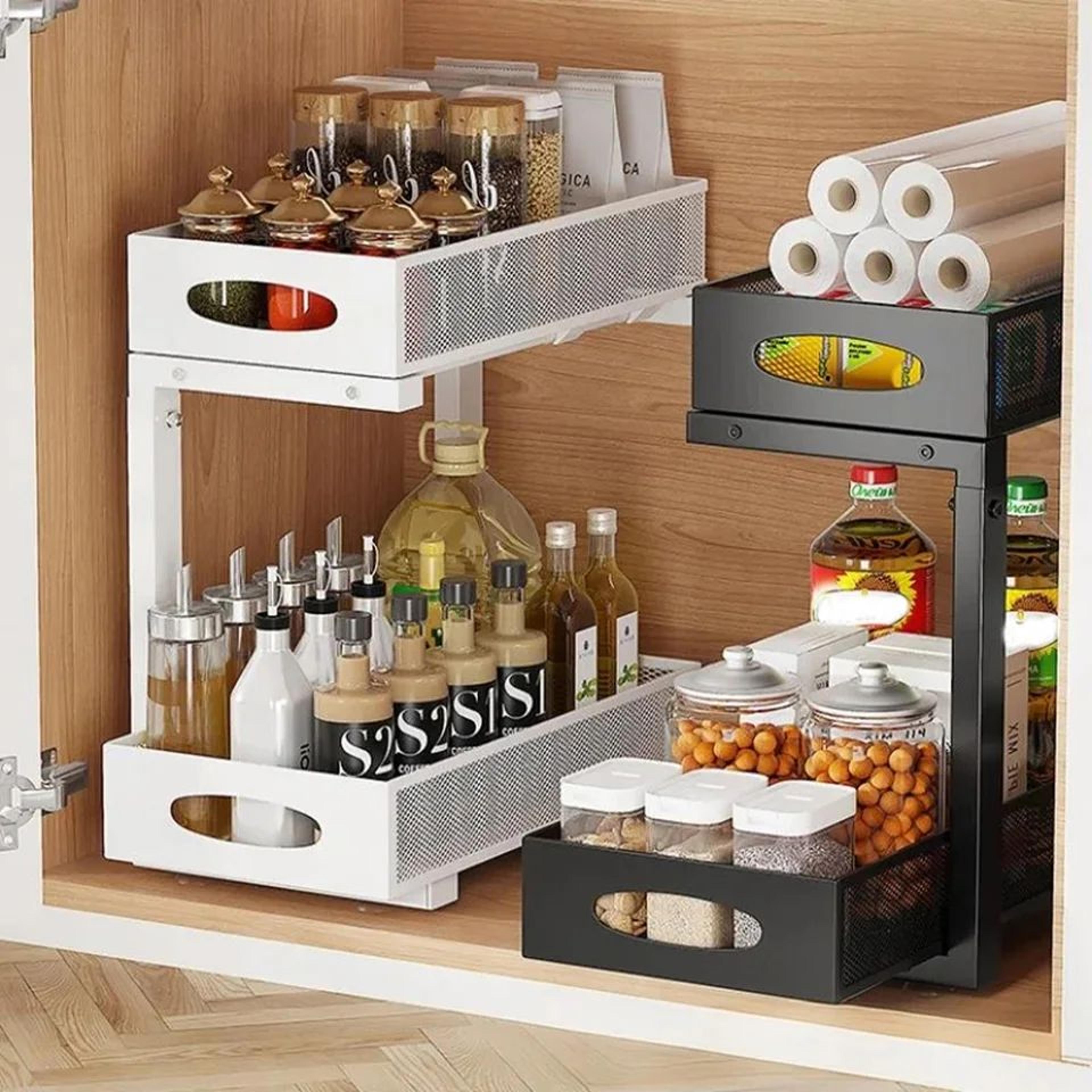 adjustable 2-tier under sink organizer with sliding drawer for kitchen & bathroom storage