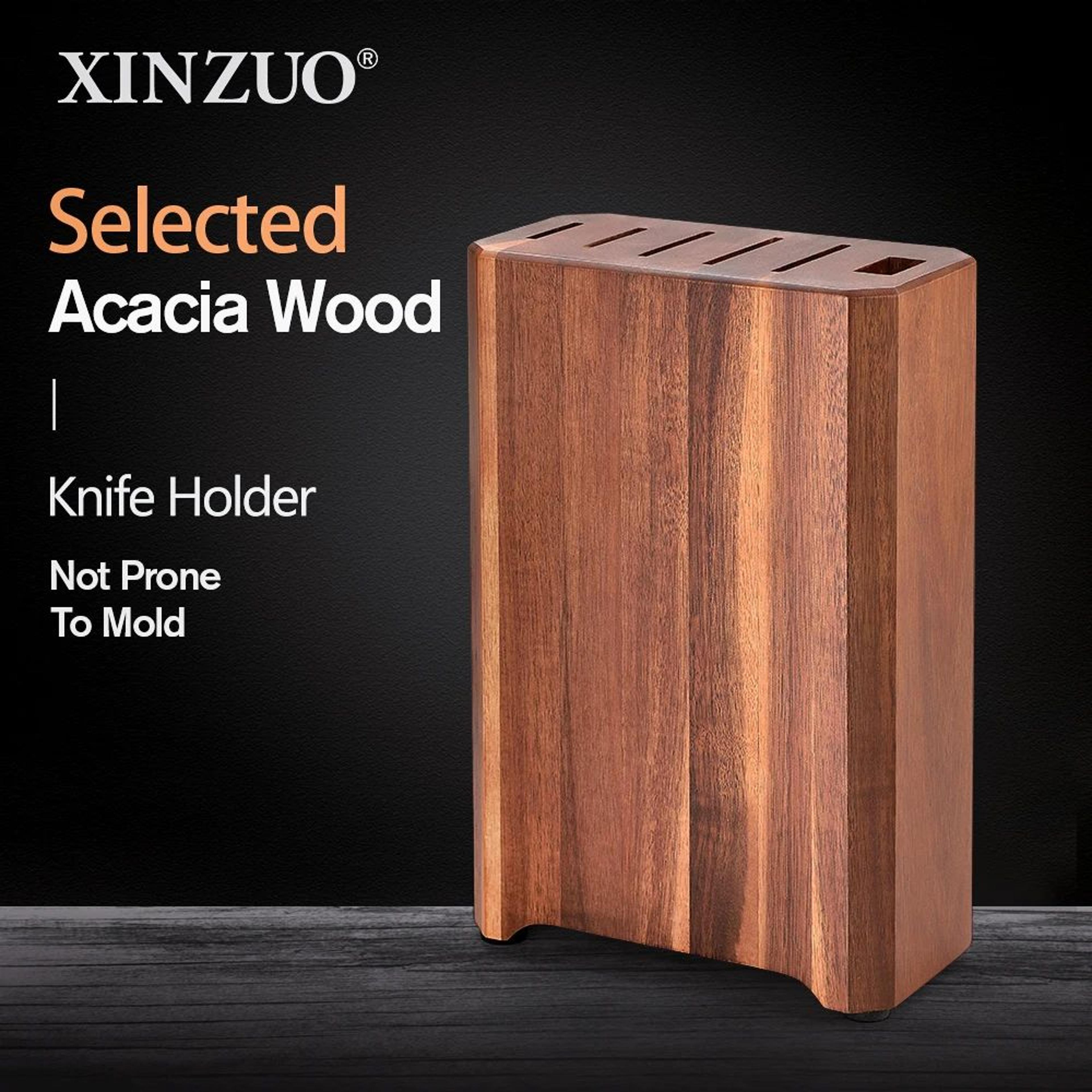 acacia wood knife block with 6-slot knife holder for safe kitchen storage