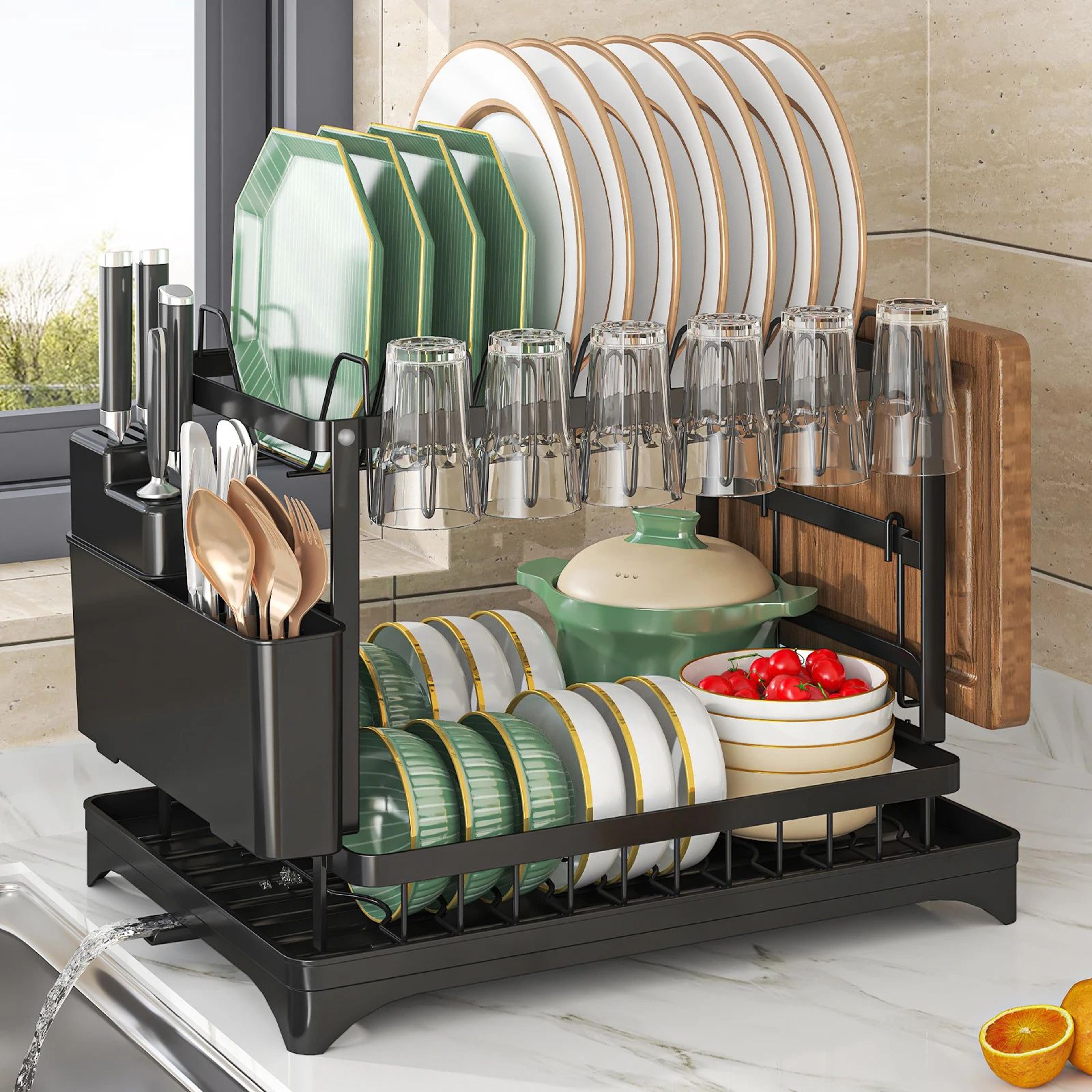 2 tier dish drying rack with drainboard, kitchen countertop organizer and cutlery holder