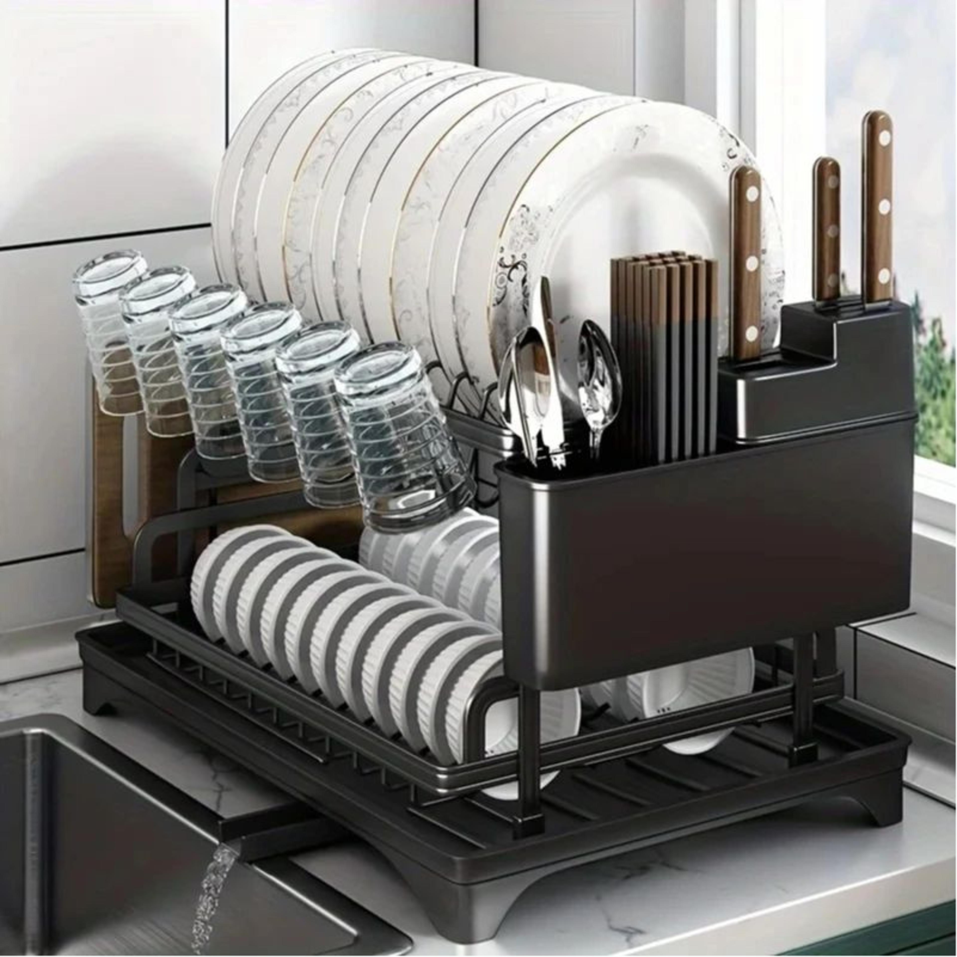 2 tier dish drying rack kitchen dish rack organizer with utensil holder and drain tray