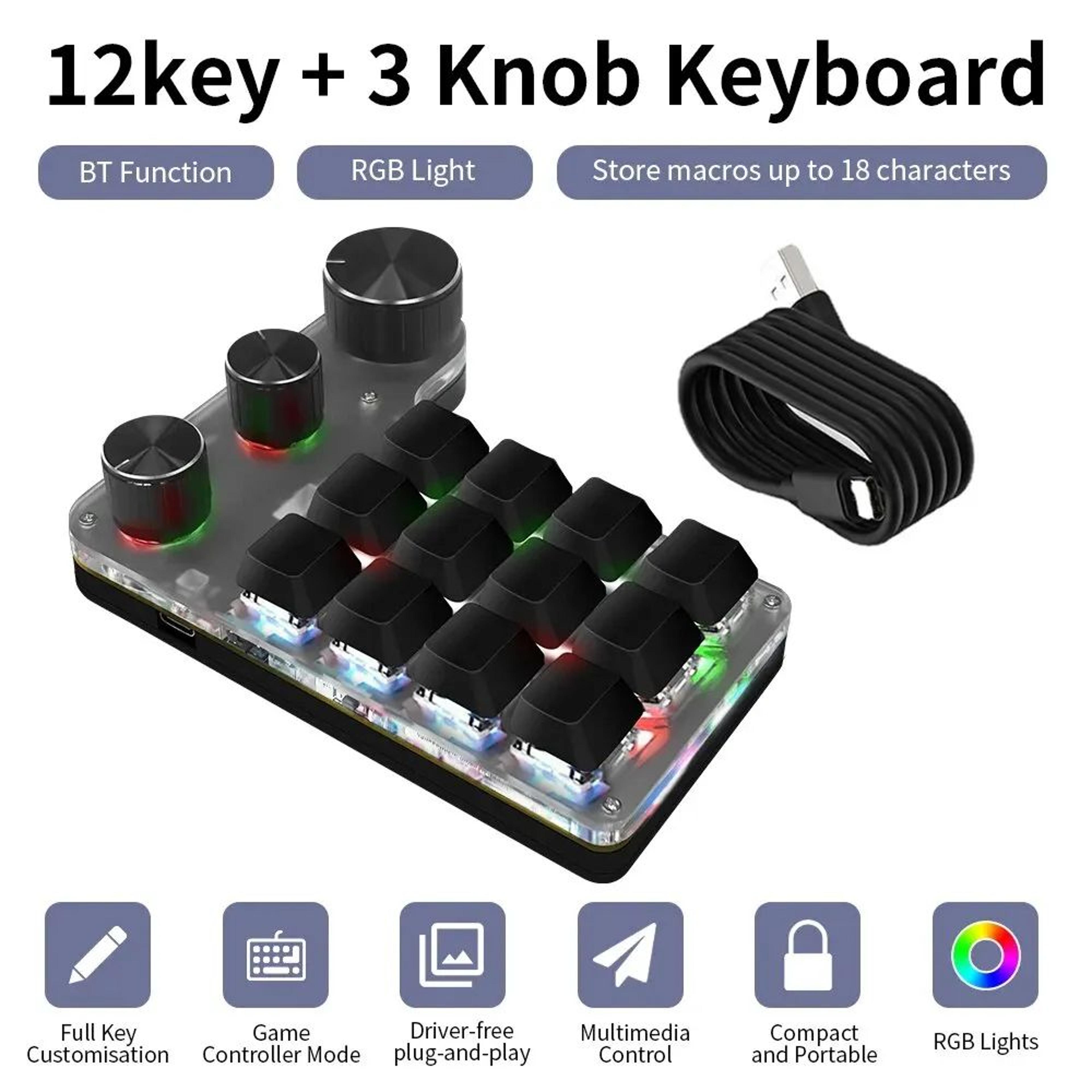 bluetooth macro keypad with rgb mechanical keys and 3 programmable knobs for gaming and creative work