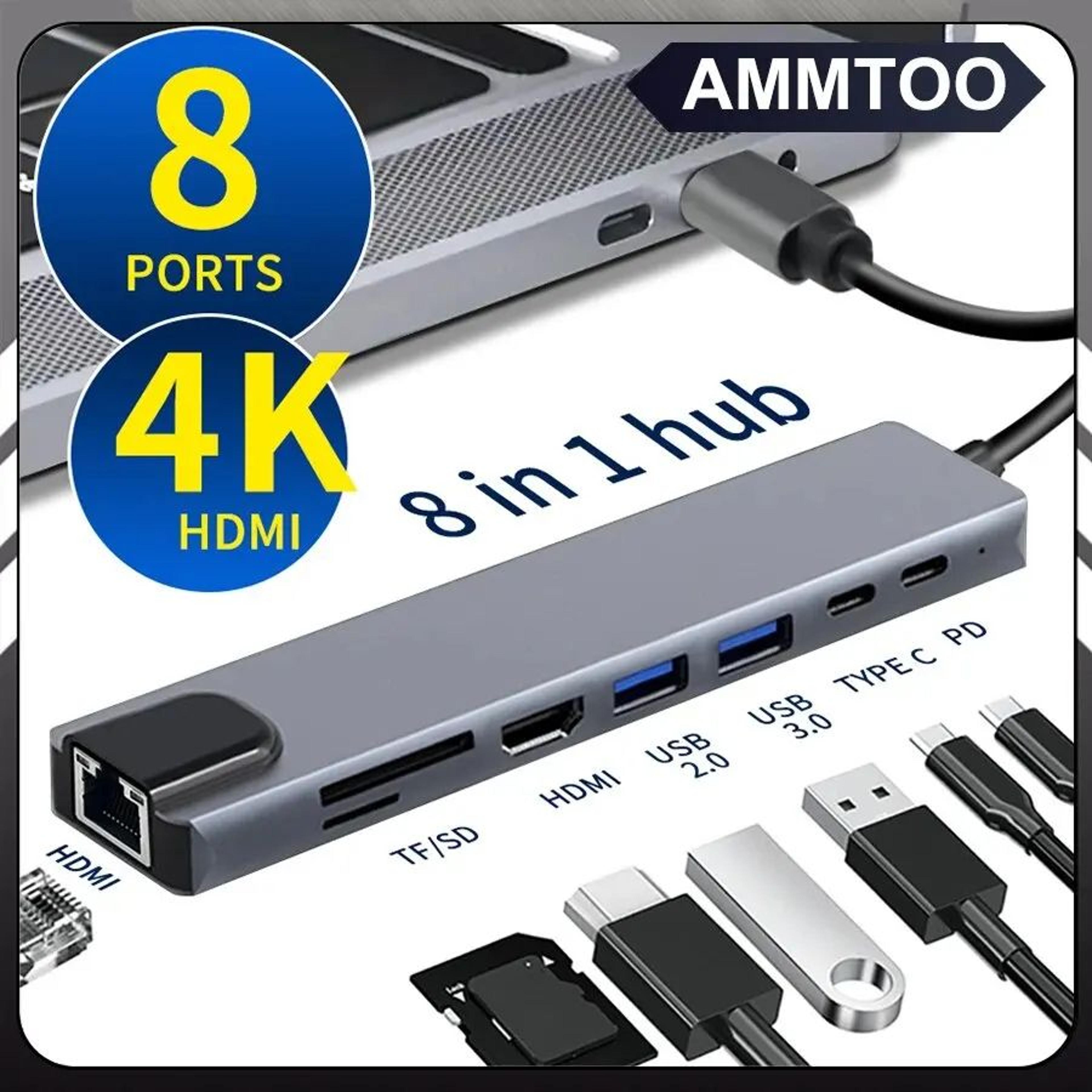 8 in 1 usb c hub multiport adapter with 4k hdmi rj45 ethernet pd charging and sd tf card reader