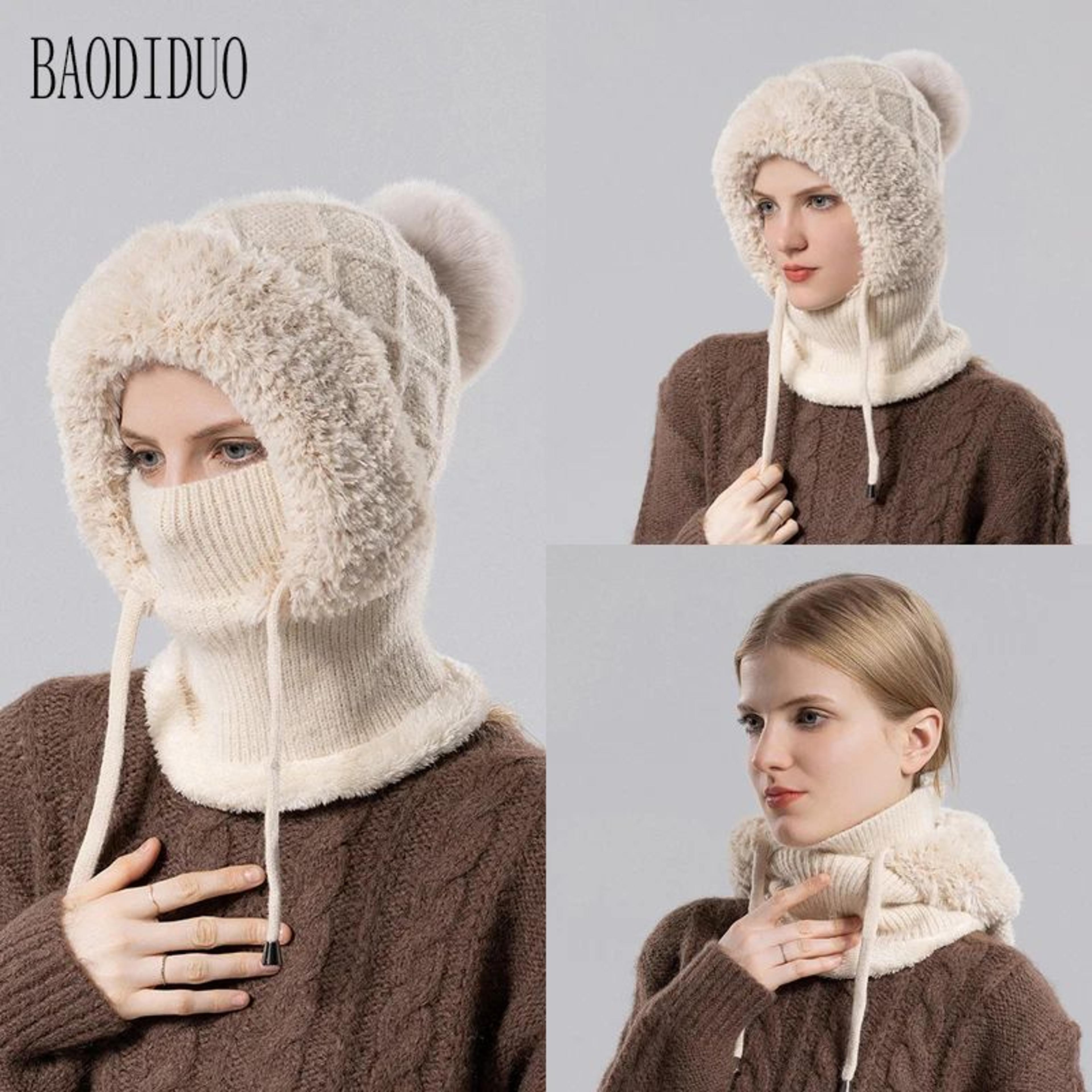 cozy knit winter hood scarf for women fleece lined knitted balaclava with ear protection