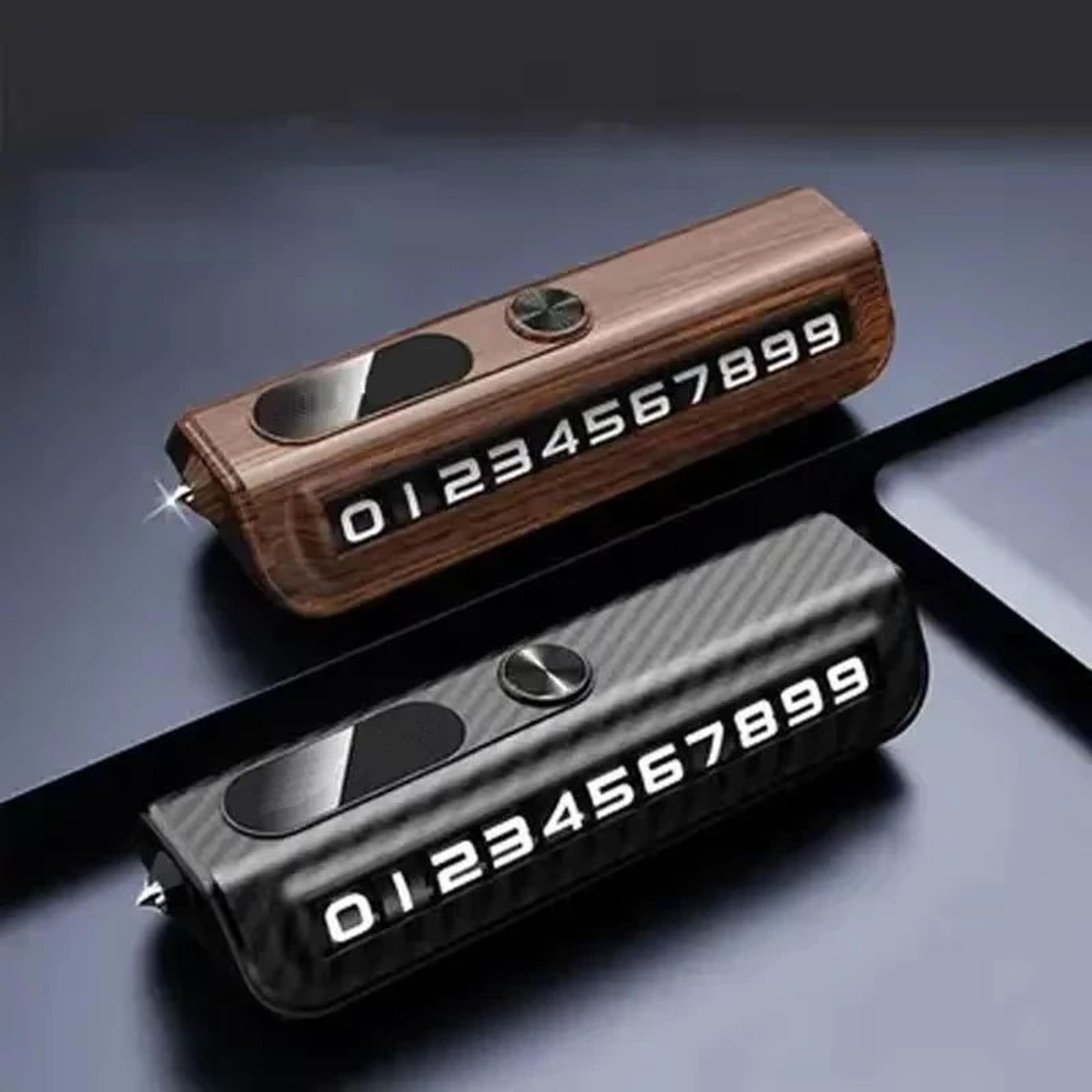 emergency temporary parking number plate with car window breaker and hidden contact display