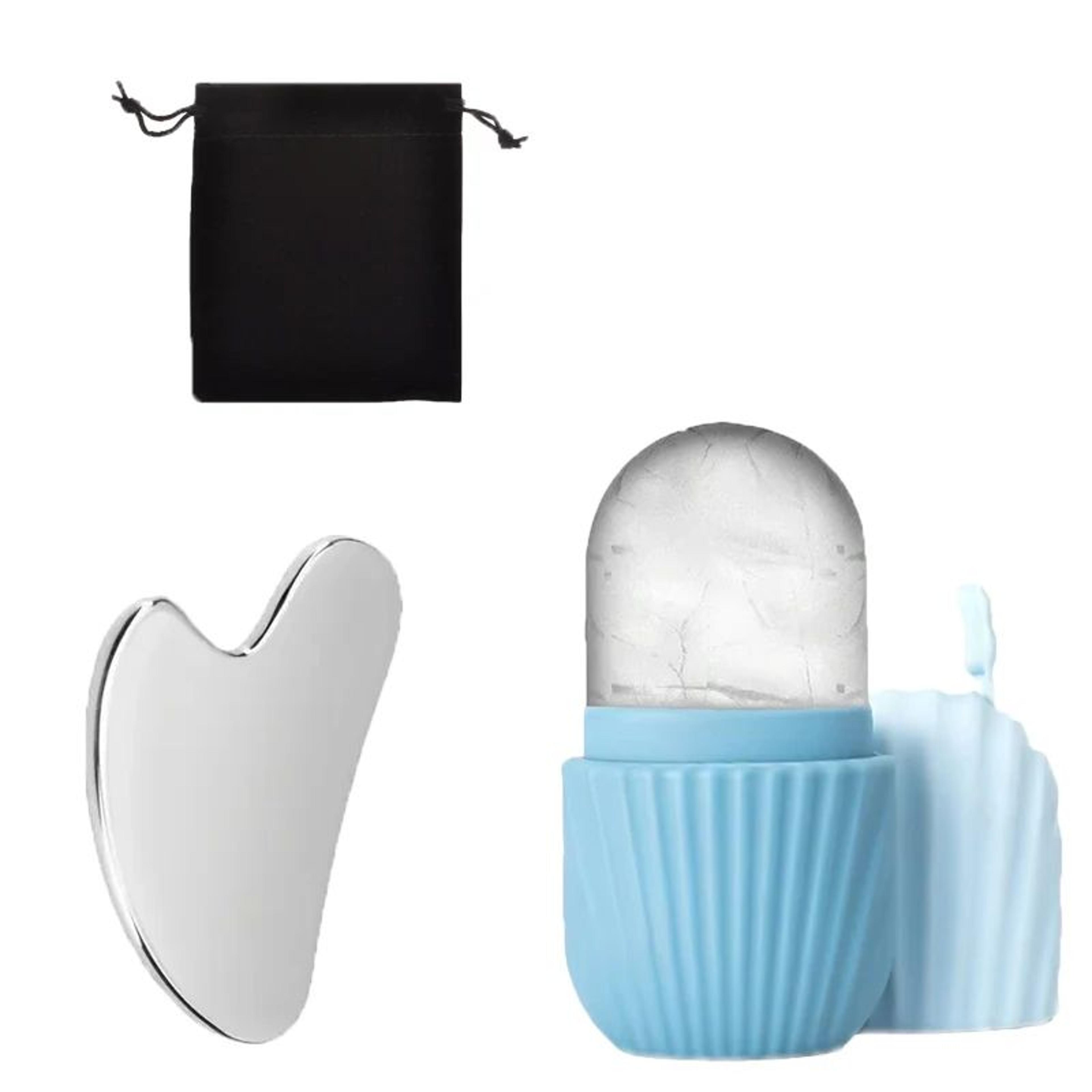 cryoglow ice face roller and stainless steel gua sha facial massage set