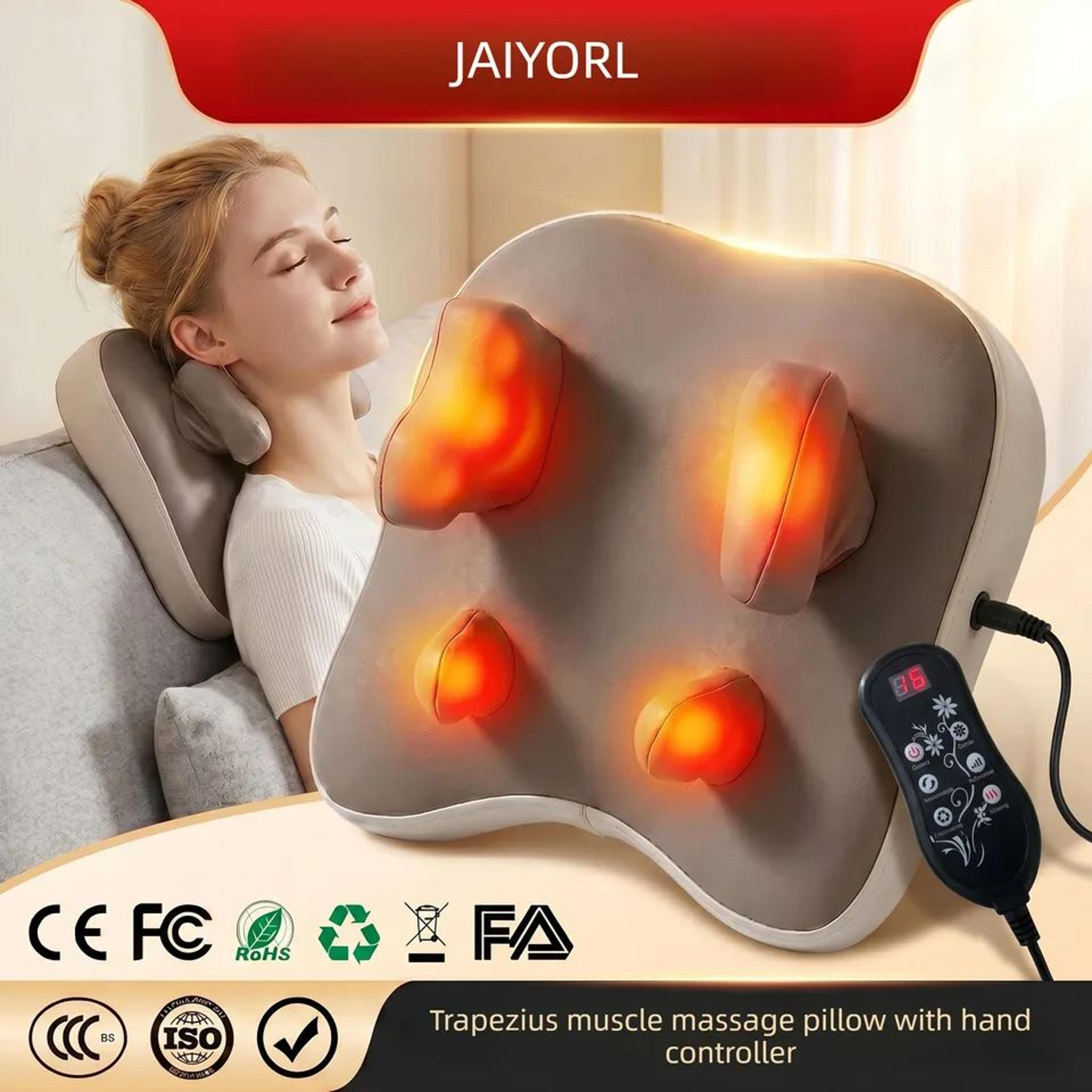 rechargeable shiatsu massage pillow with heat for neck, shoulders and full body relief