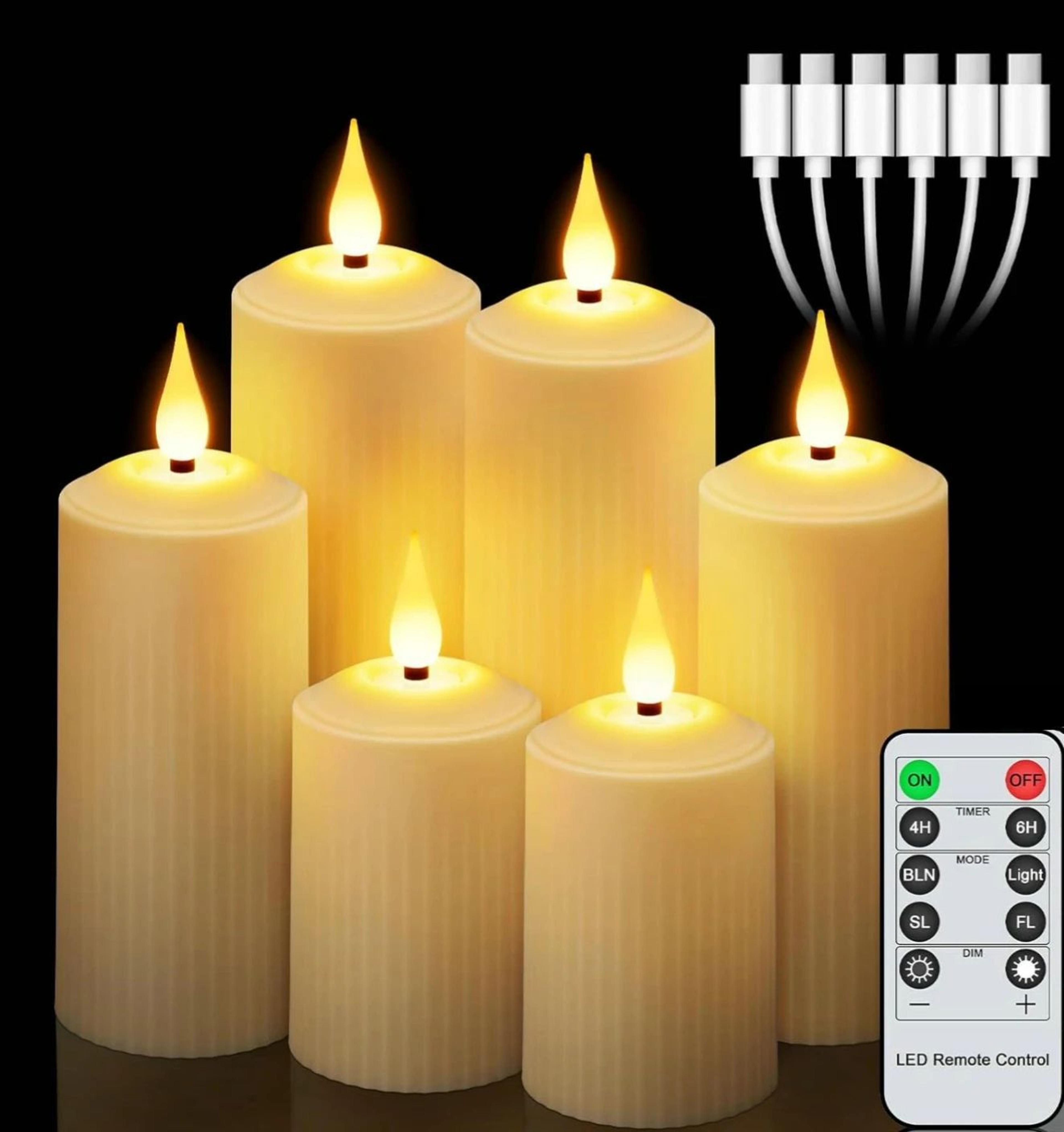 6 piece rechargeable led candles with remote control waterproof flickering pillar set
