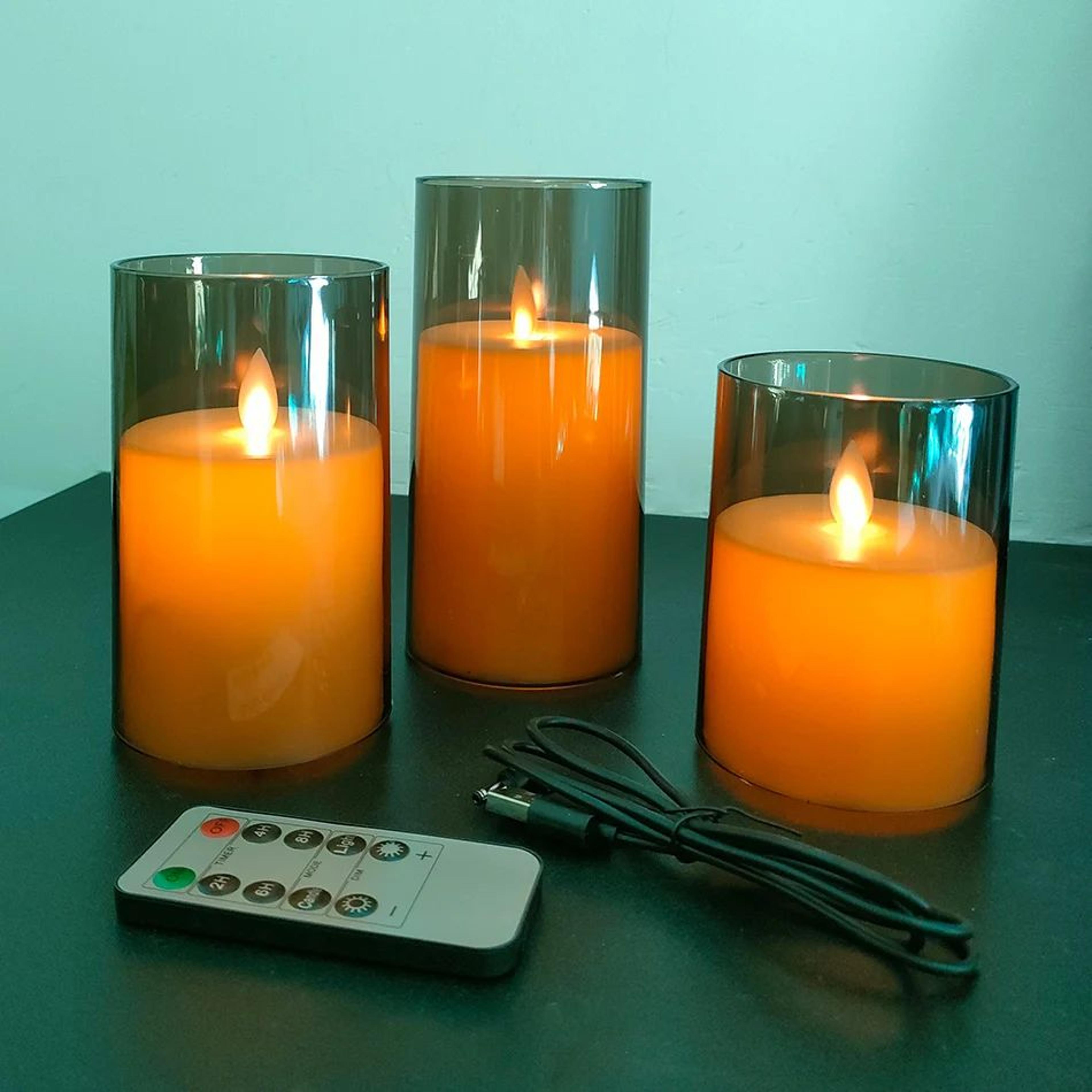 usb rechargeable led pillar candles 3 piece set with moving wick and remote control