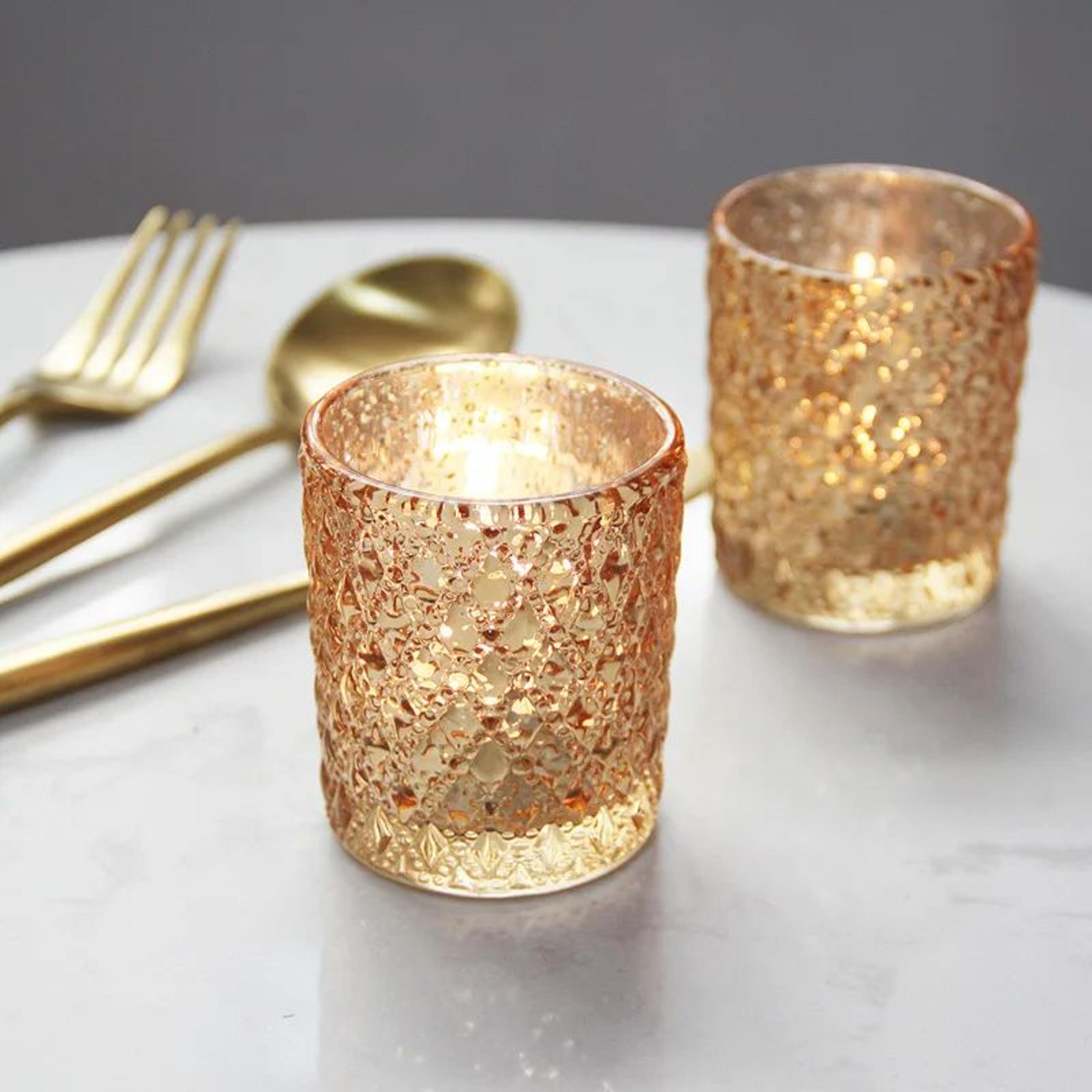 elegant gold glass candle holder for led tealights and wedding table centerpieces