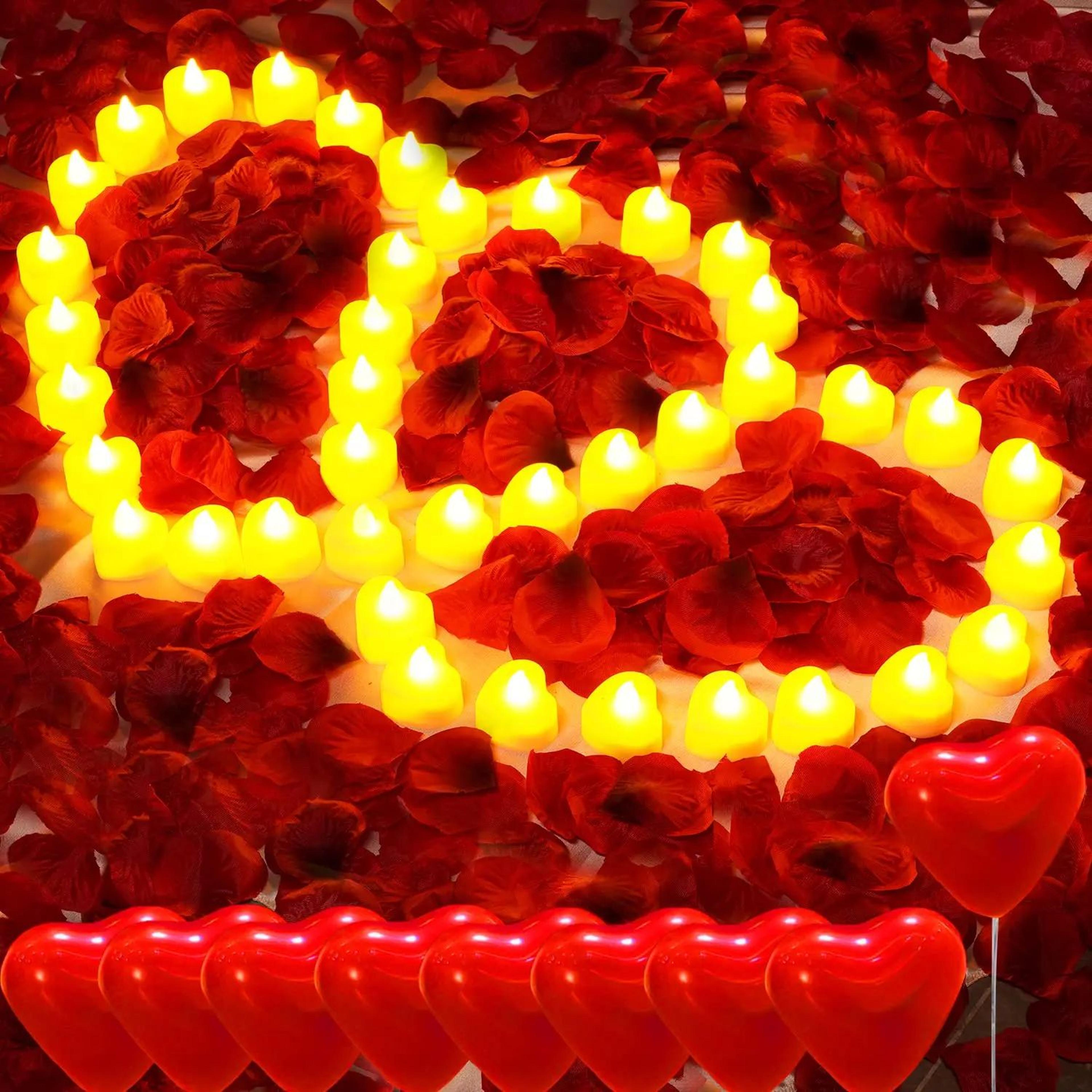 heart shaped led flameless candles with rose petals for romantic wedding and anniversary decor