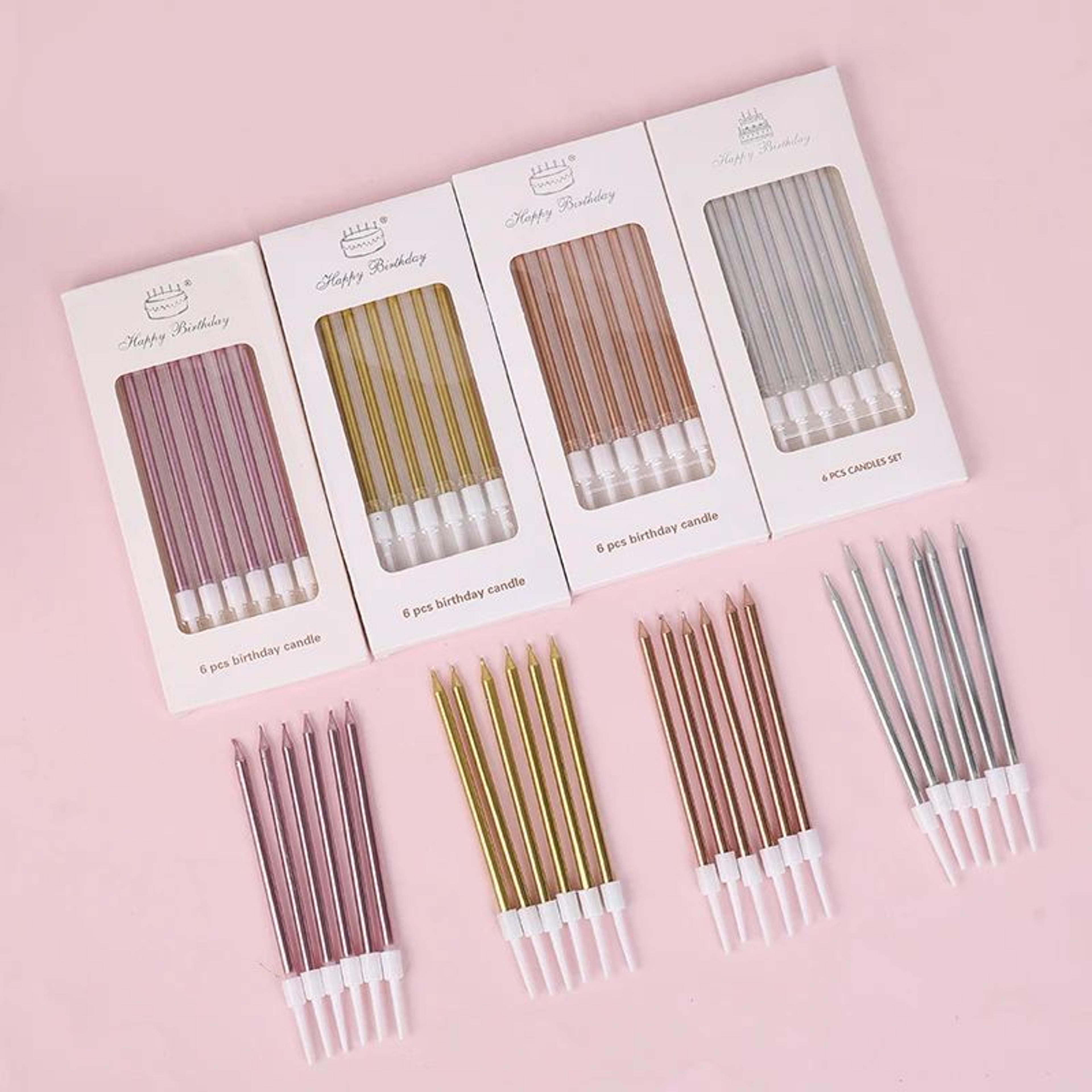 6-piece birthday cake candles metallic gold, silver and pink cake candles set for party decor