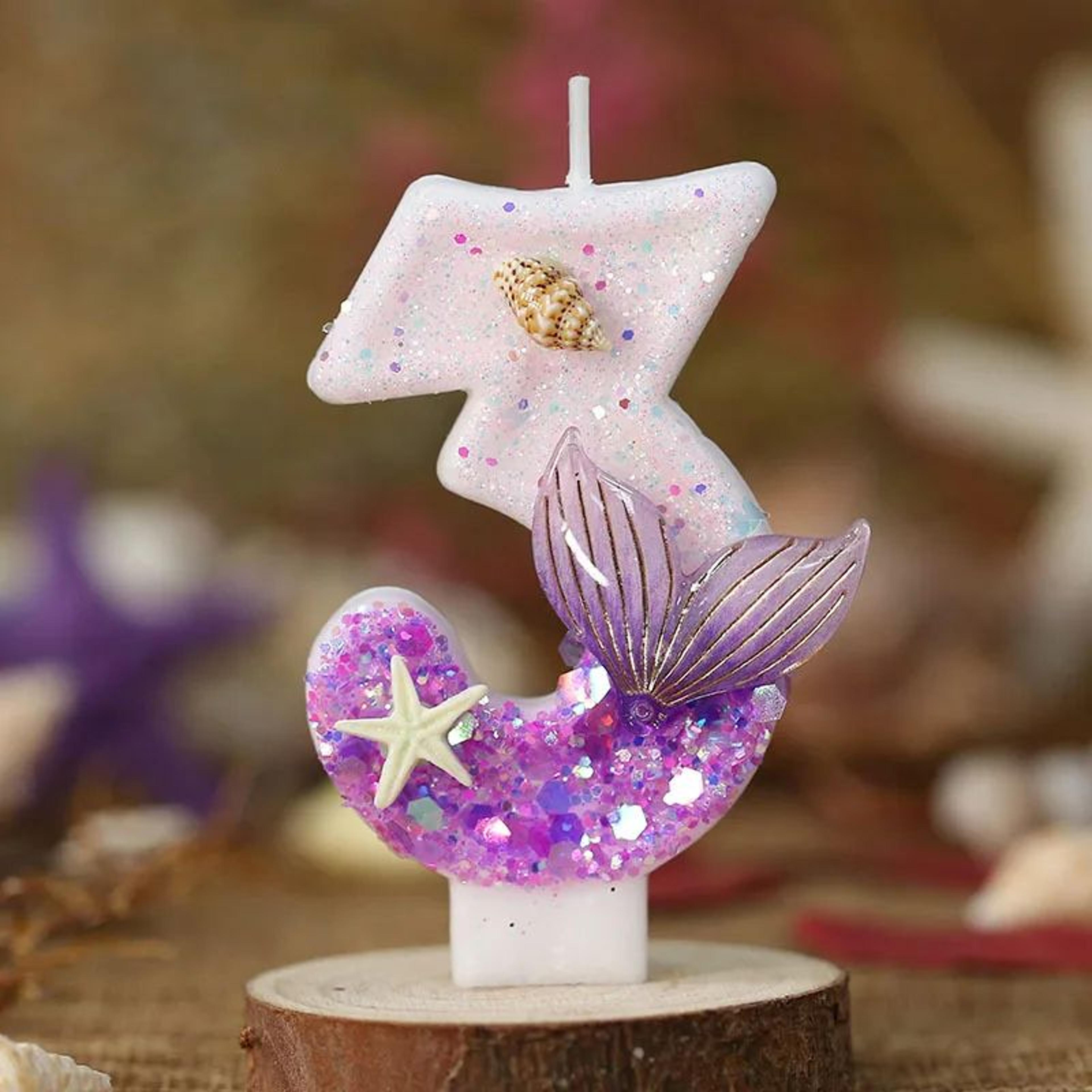mermaid tail number birthday cake candles with starfish for under the sea party decor