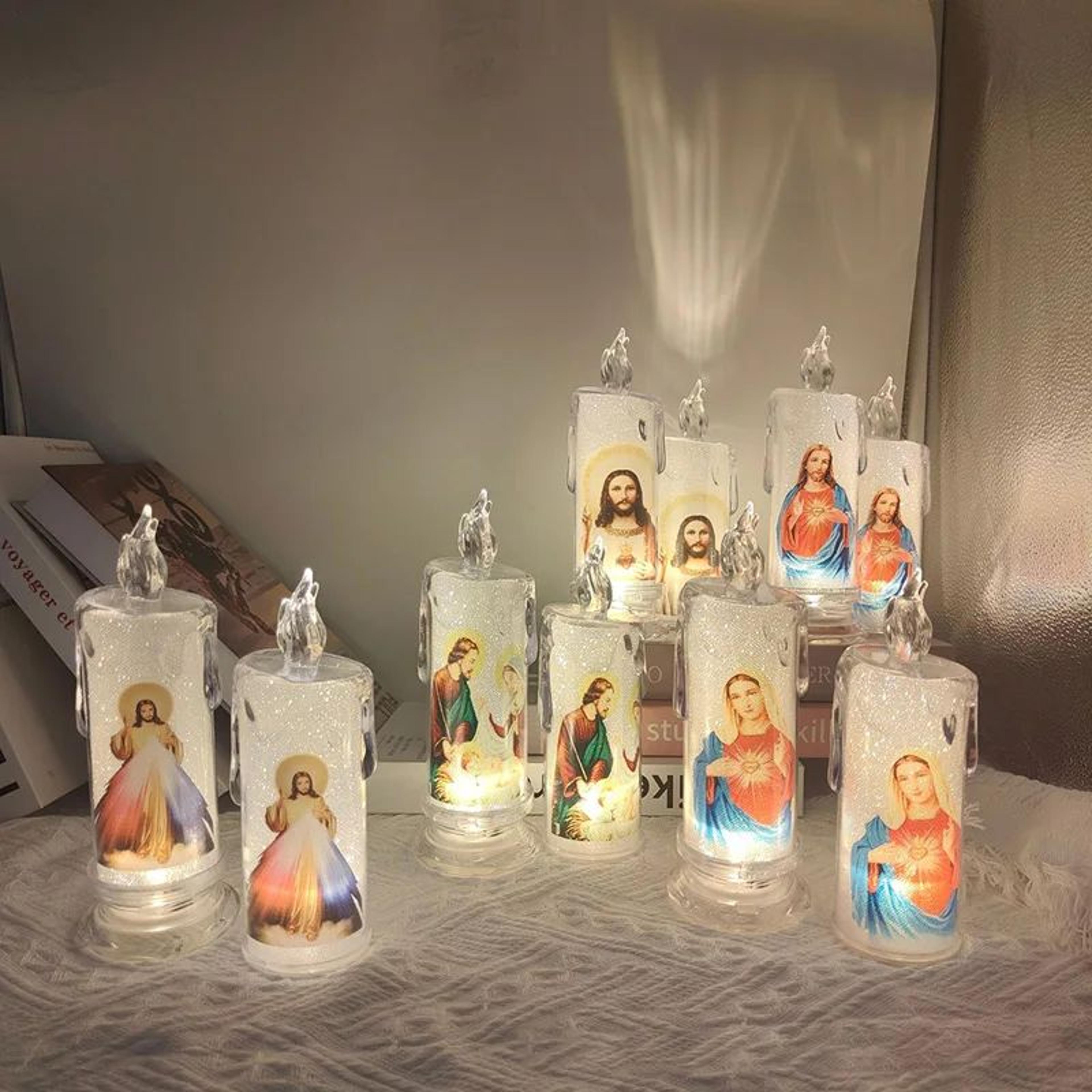 catholic led prayer candle with jesus and virgin mary religious devotional light