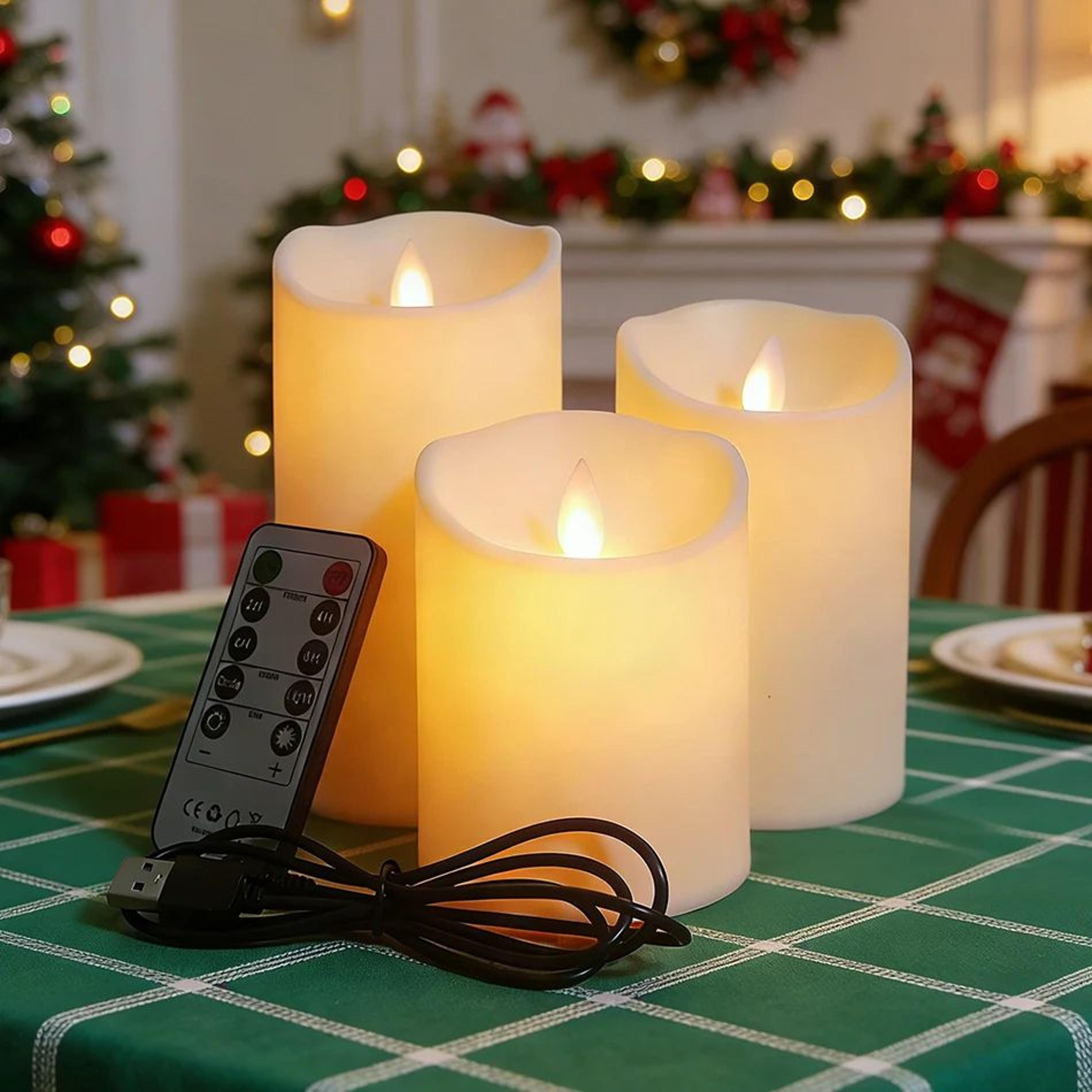 3 piece usb rechargeable flameless candles set with remote control and flickering led lights