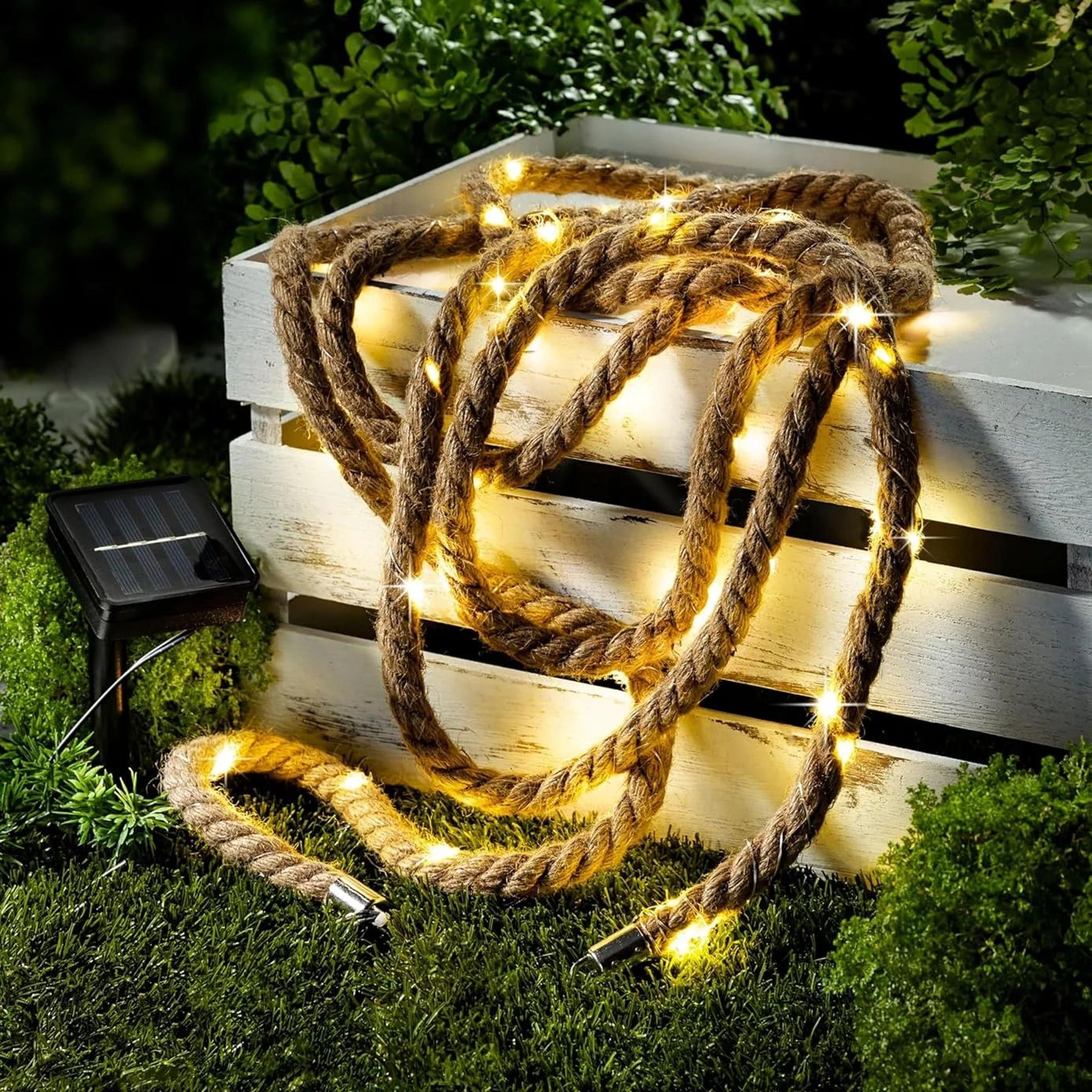 rustic 7m solar hemp rope string lights with 50 warm white leds