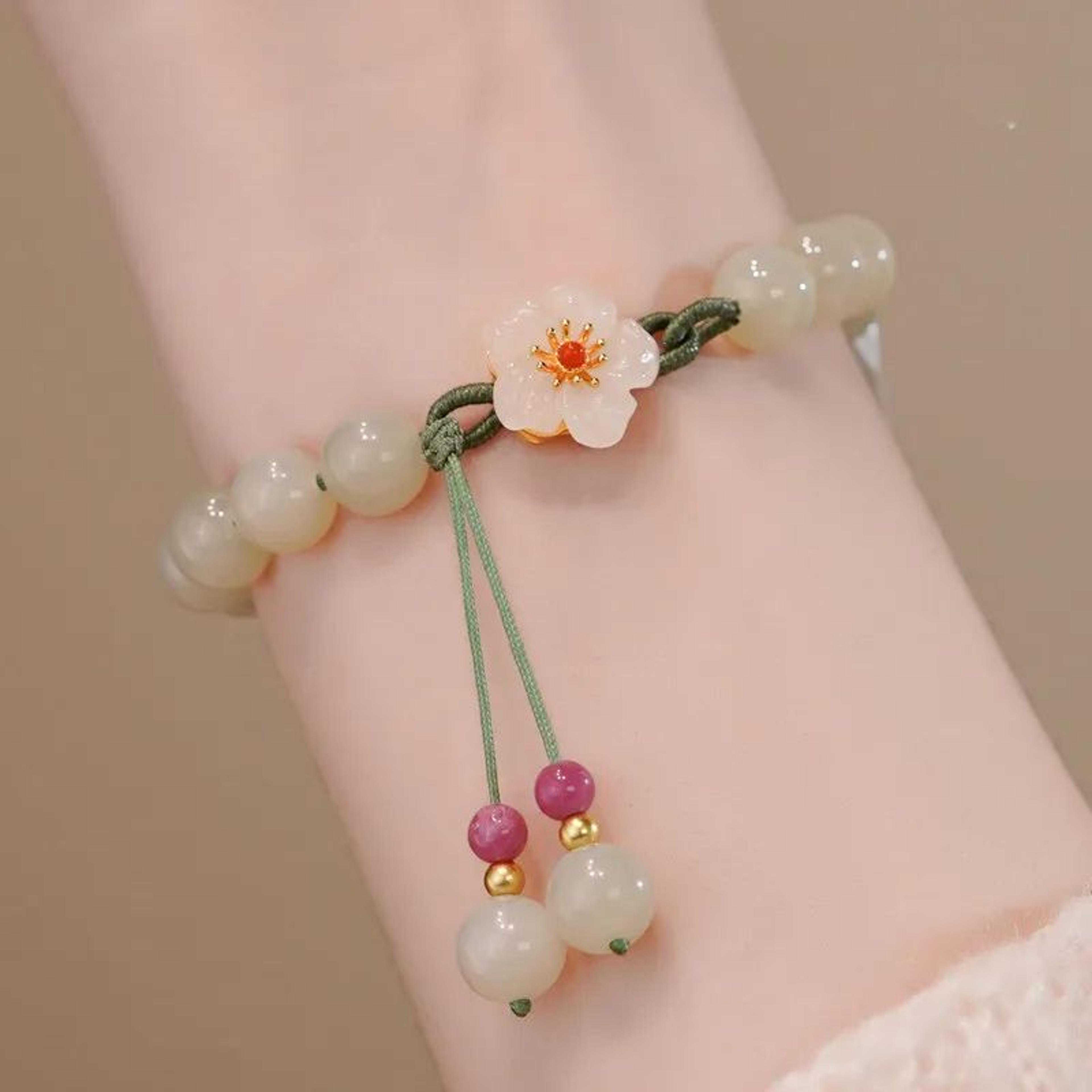 peach flower jade beaded woven bracelet for women and girls