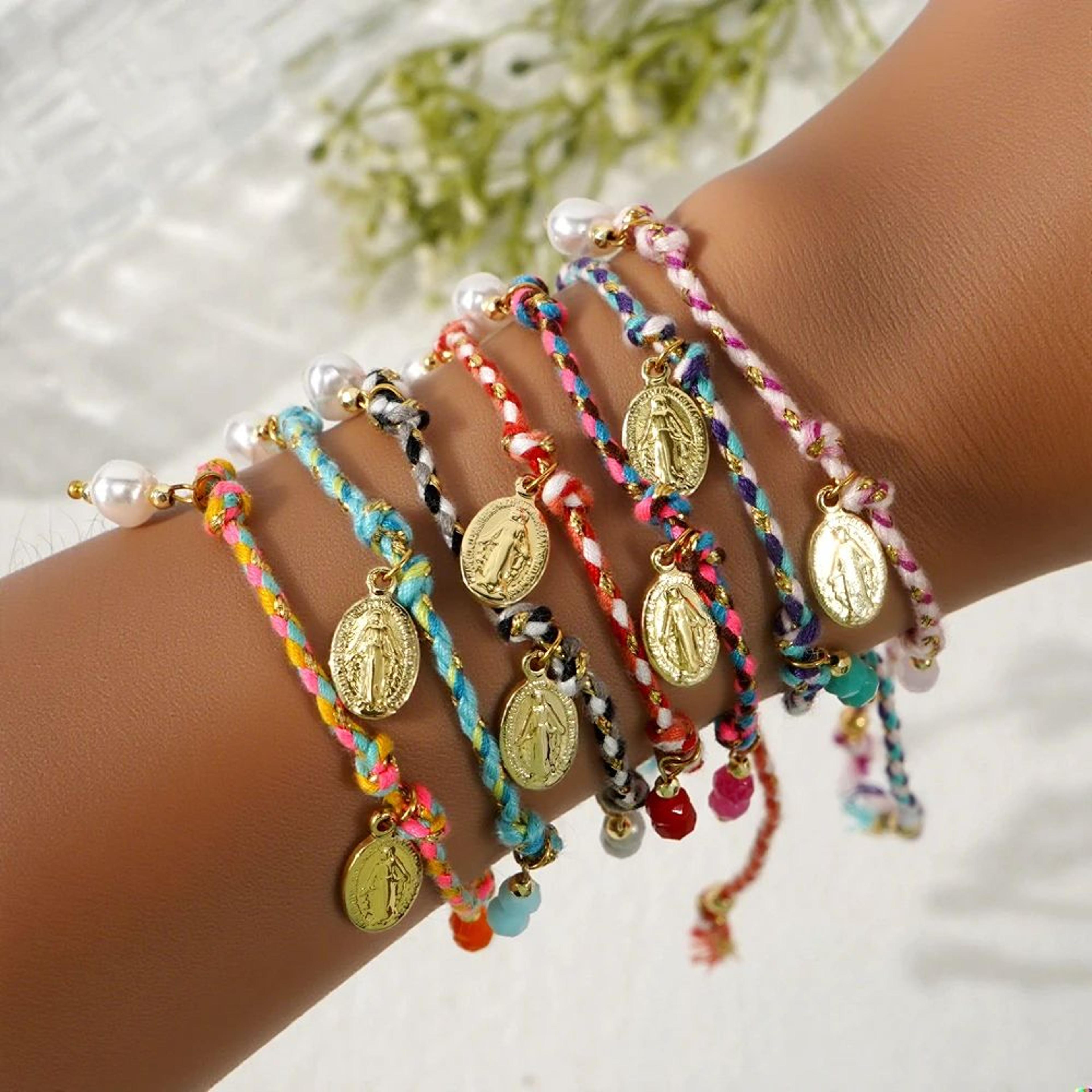 boho multicolor virgin mary braided bracelet with pearl charm