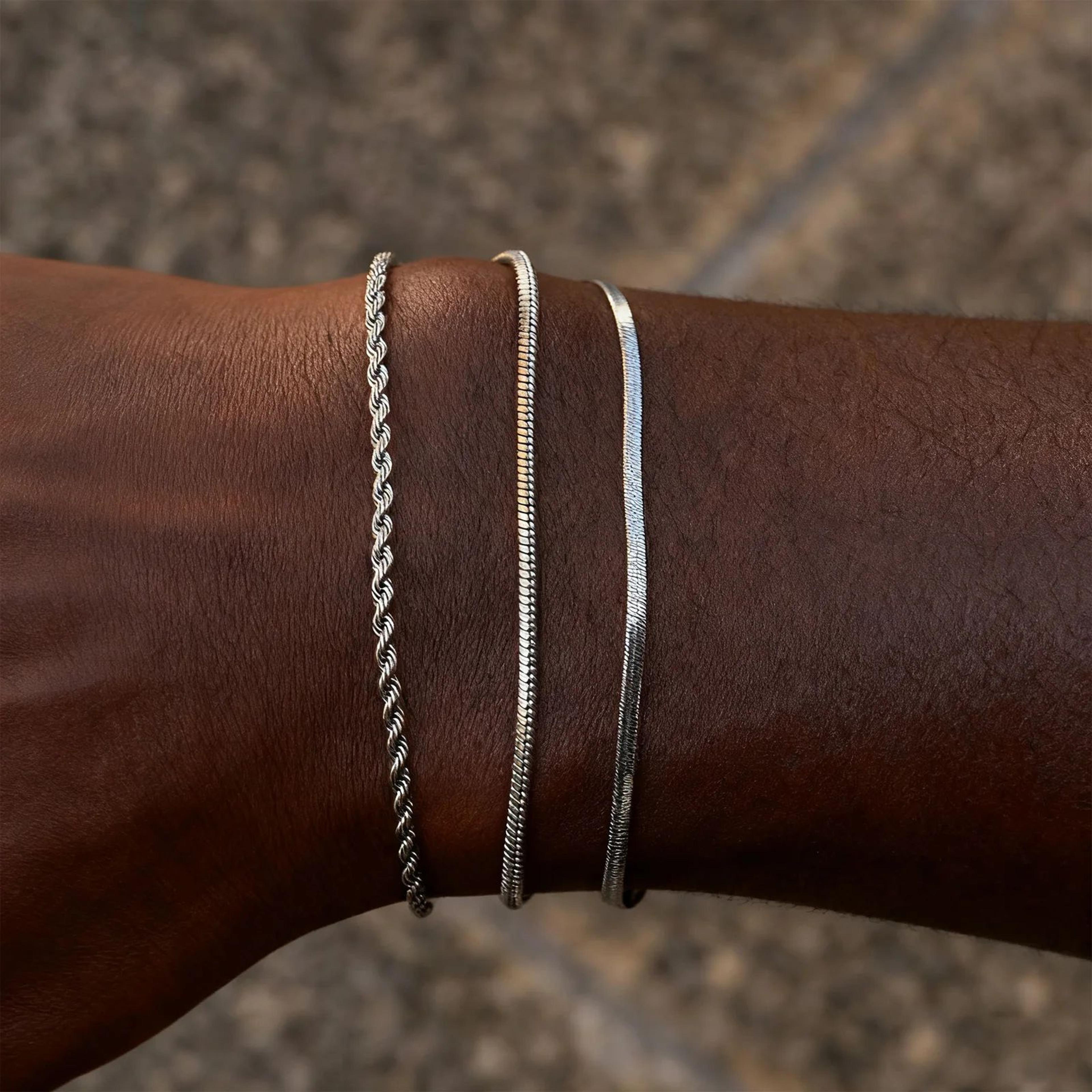 3pcs men's silver twist chain bracelet set - thin punk layering wristbands
