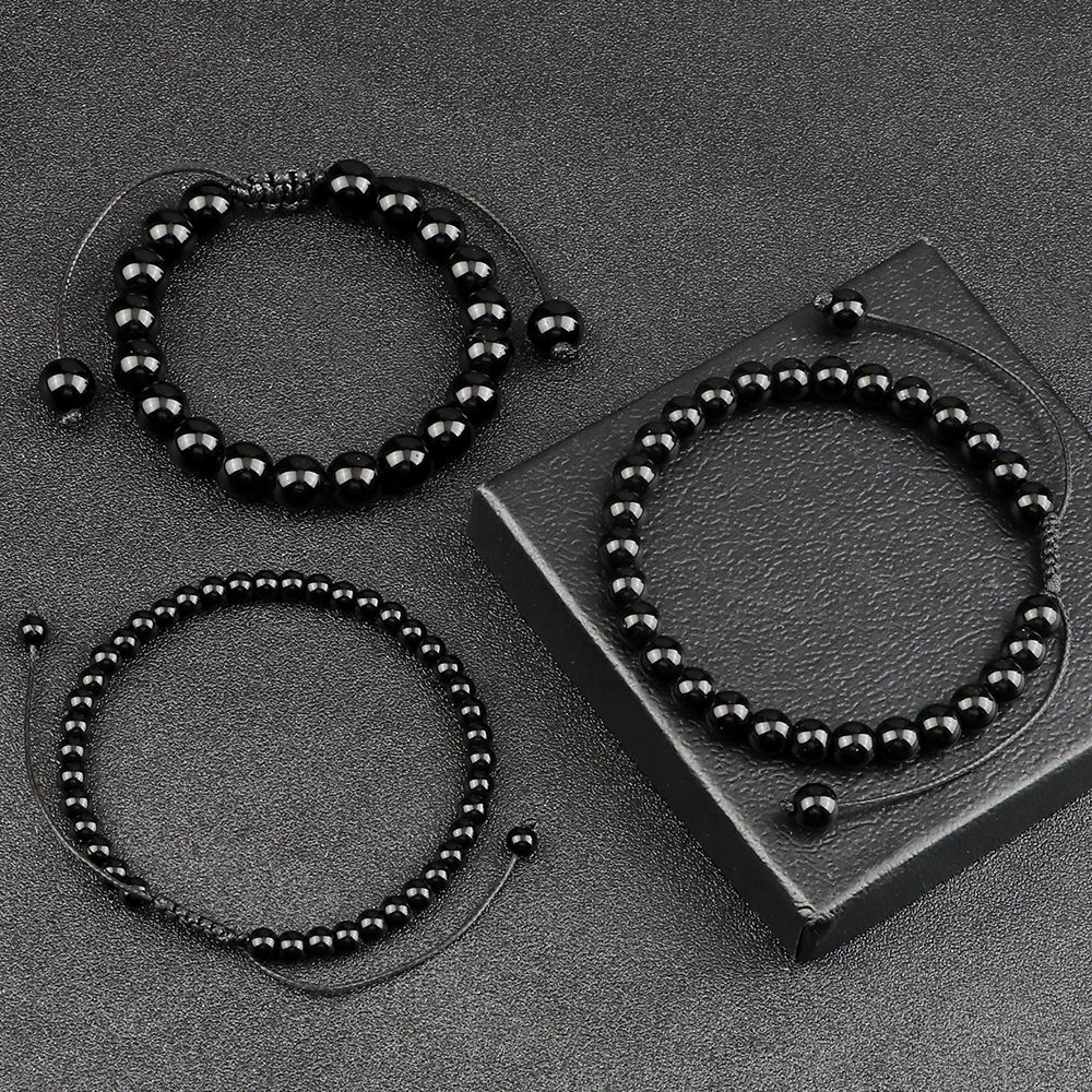 natural black onyx beaded bracelet adjustable handmade stone jewelry