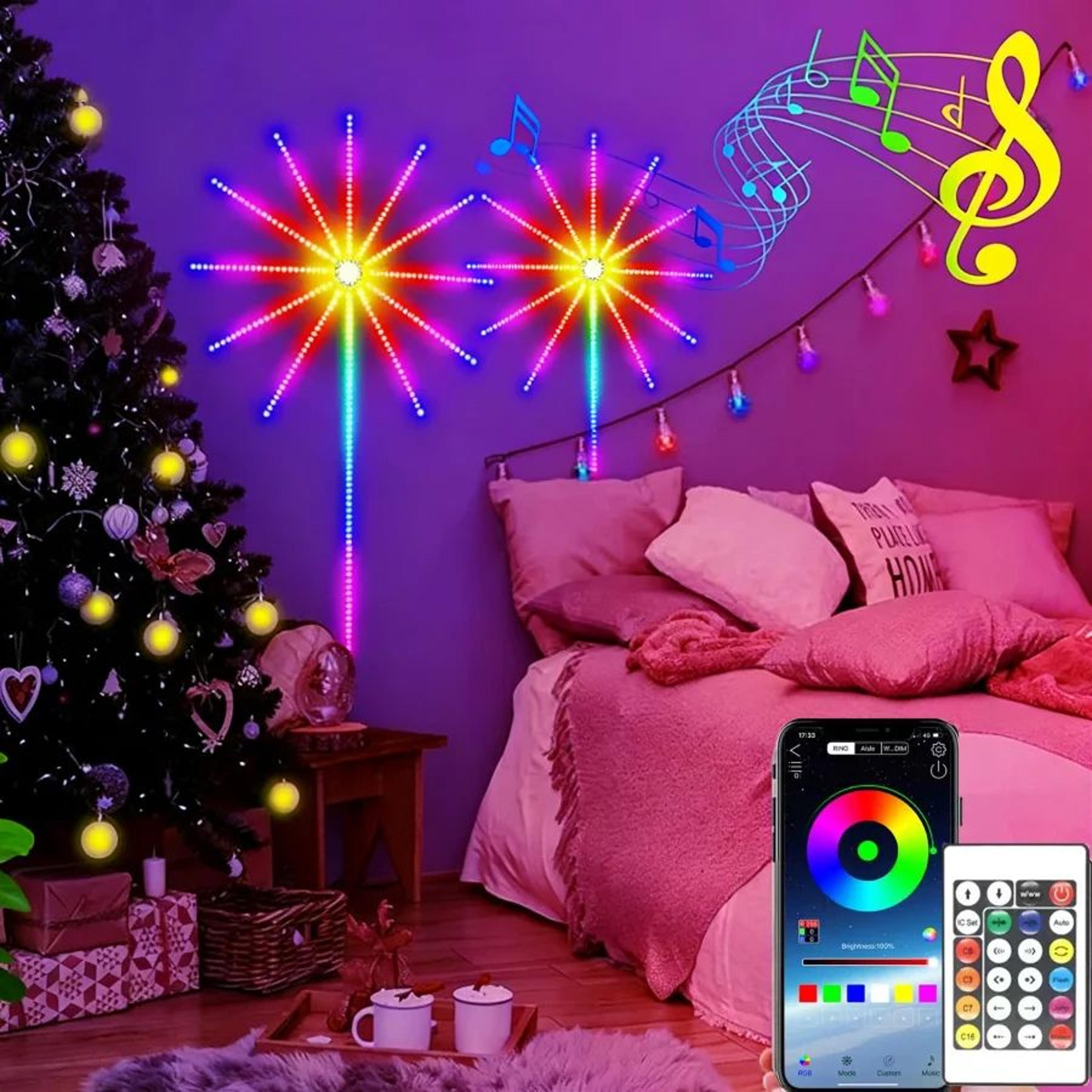 smart rgbic firework led strip light with app control, music sync and usb power