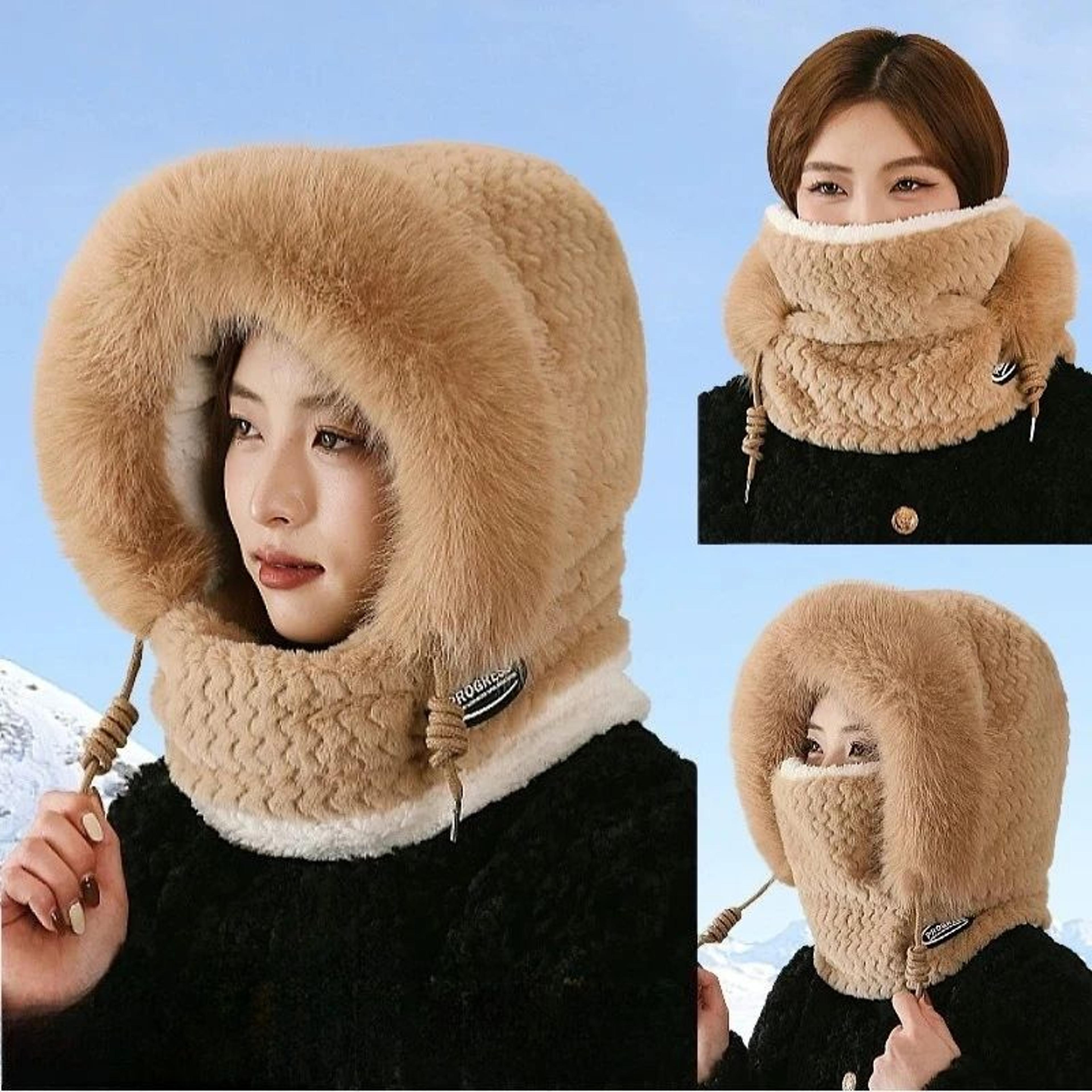 women's 3-in-1 winter plush hat scarf mask with windproof ear protection
