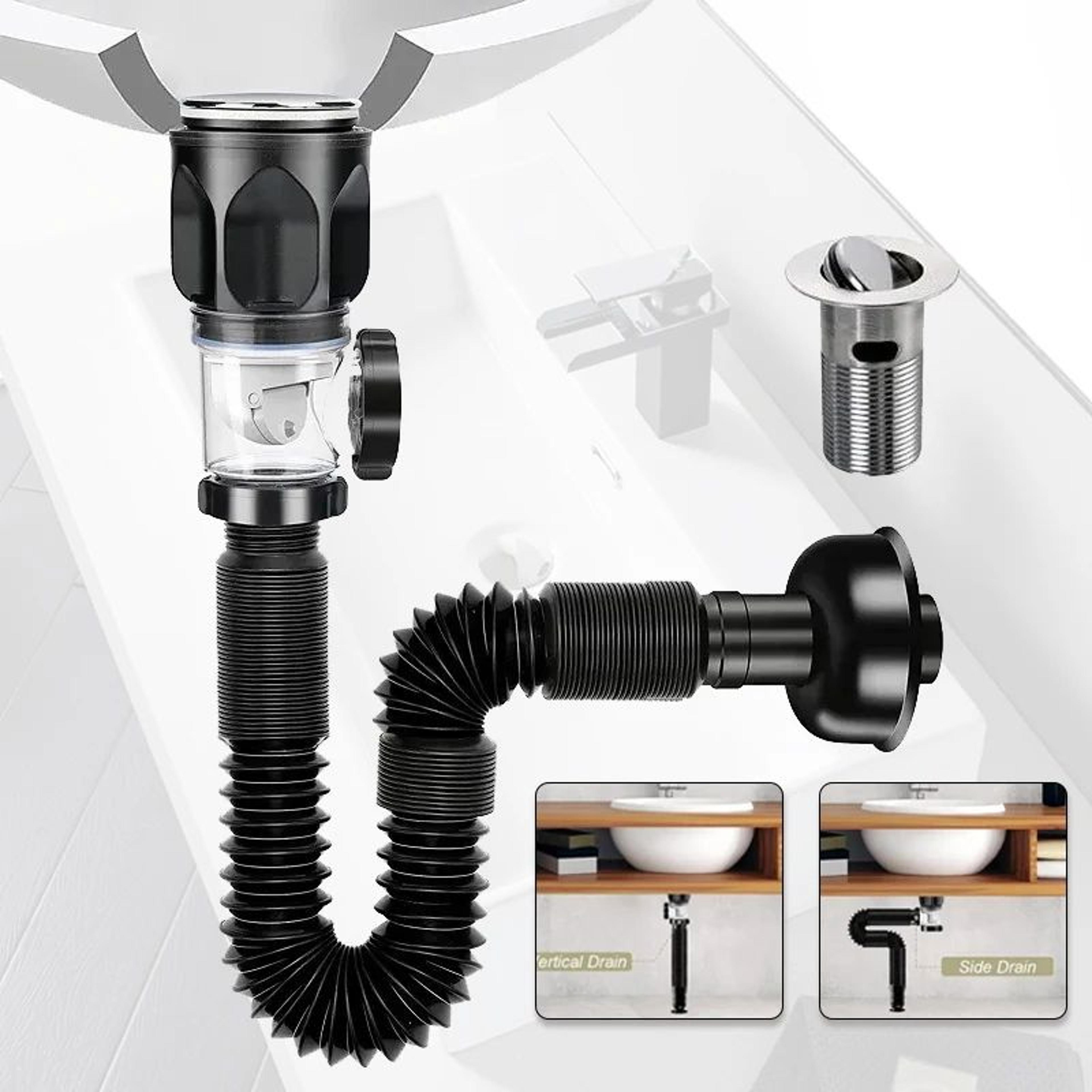 flip-top anti-odor sink drain with flexible anti-clog pipe
