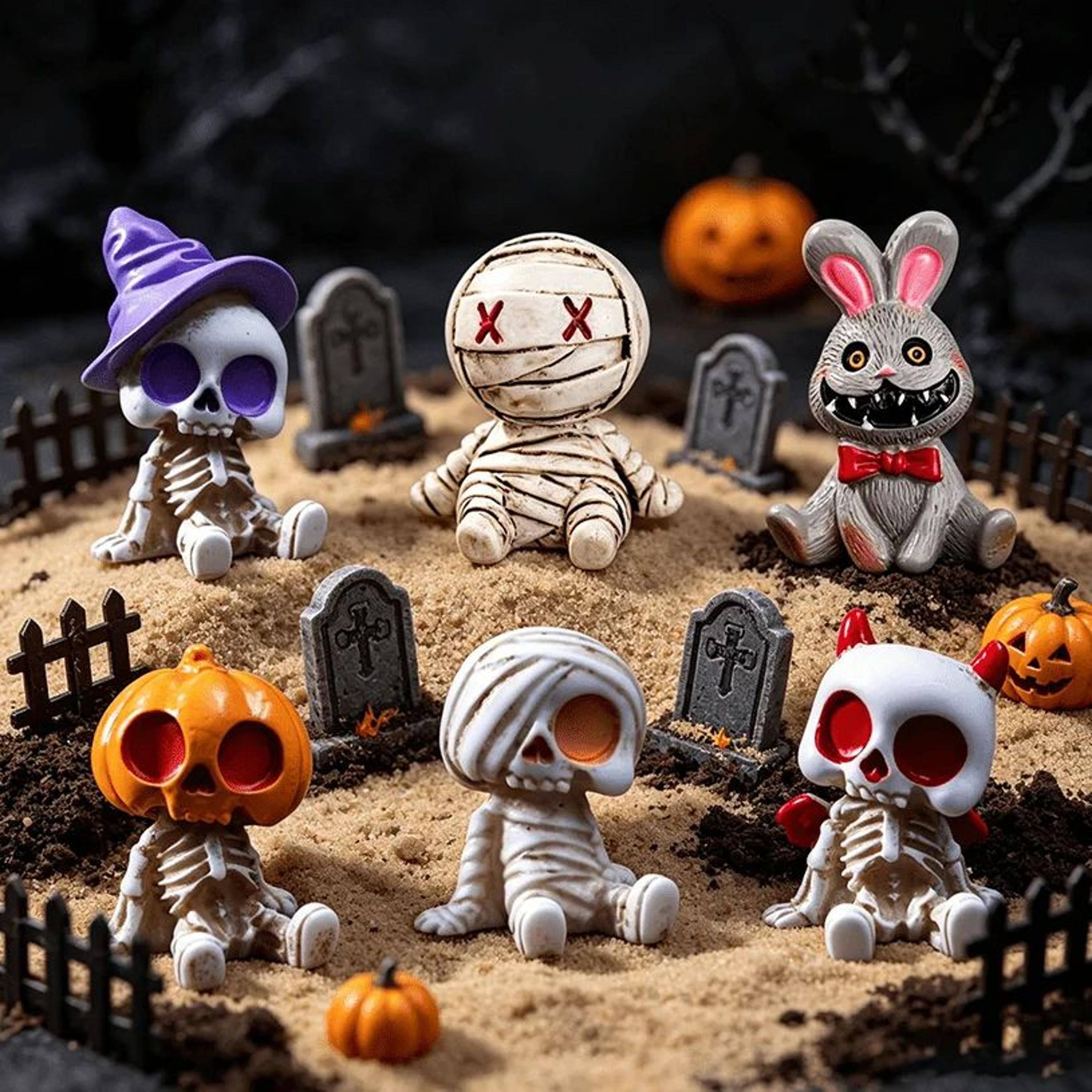 6pcs halloween skeleton and mummy mini figurines for spooky diy decor