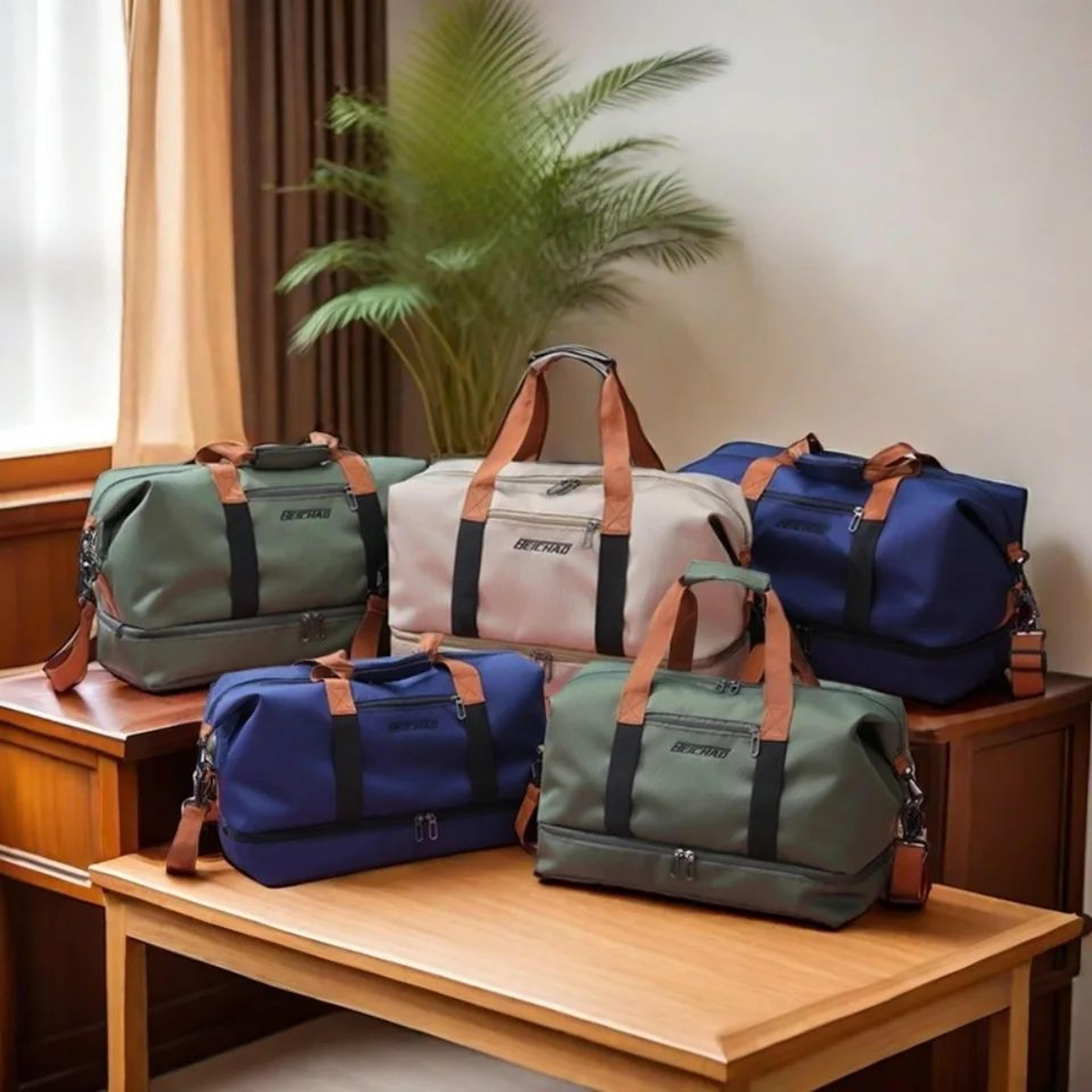 large capacity gym duffel bag with shoe compartment and luggage sleeve