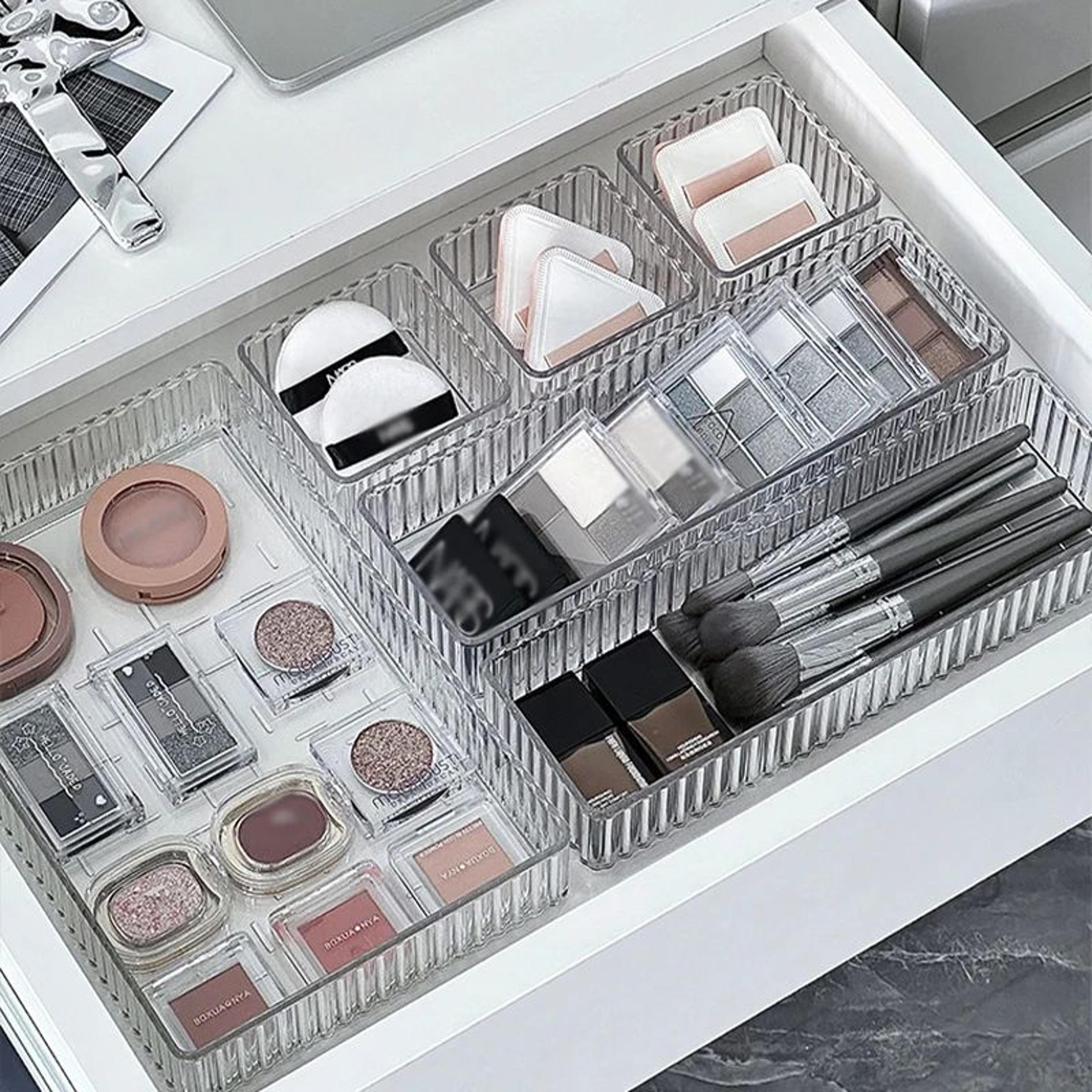 clear stackable drawer organizer trays for makeup, vanity and home storage