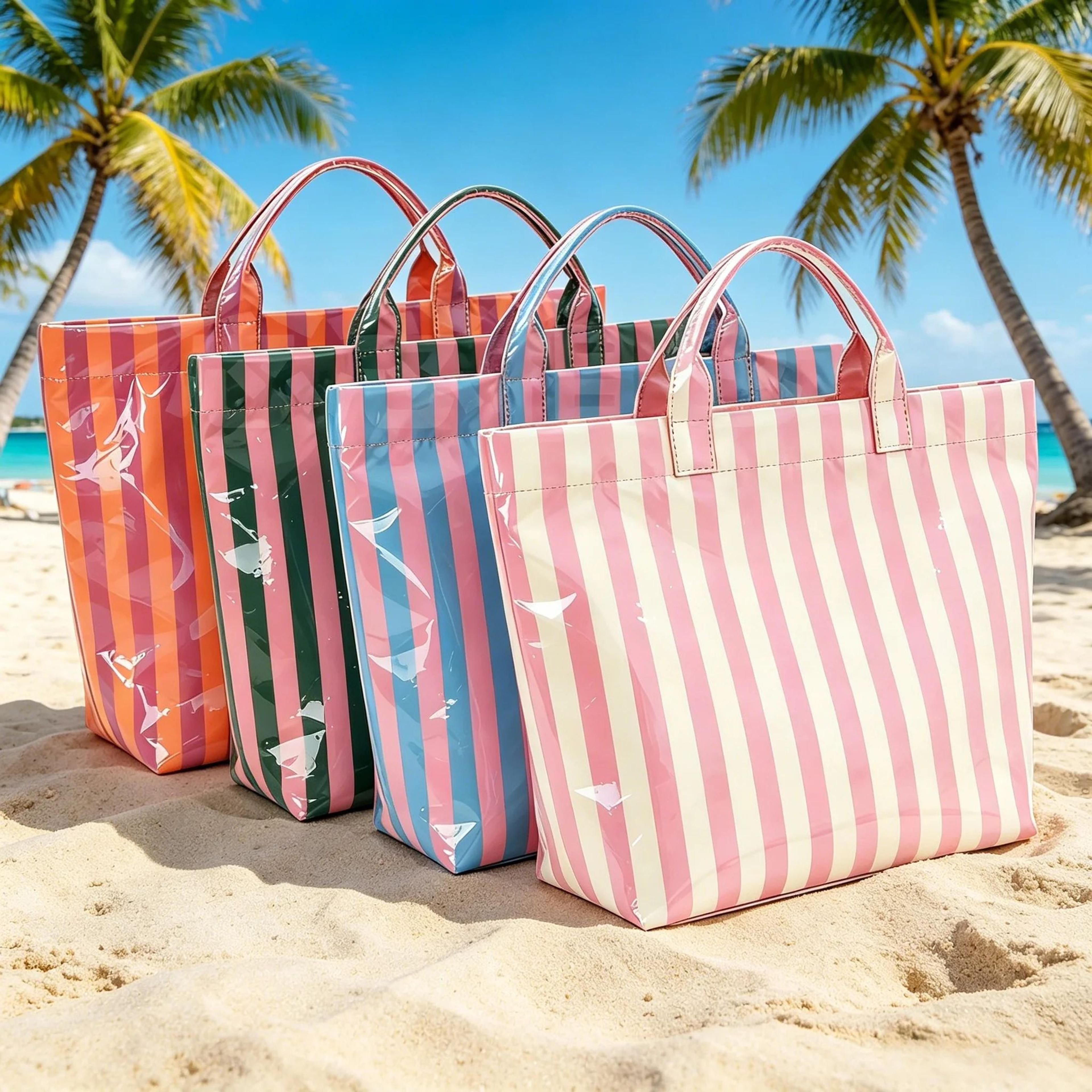 striped waterproof pvc tote bag large capacity beach and travel handbag