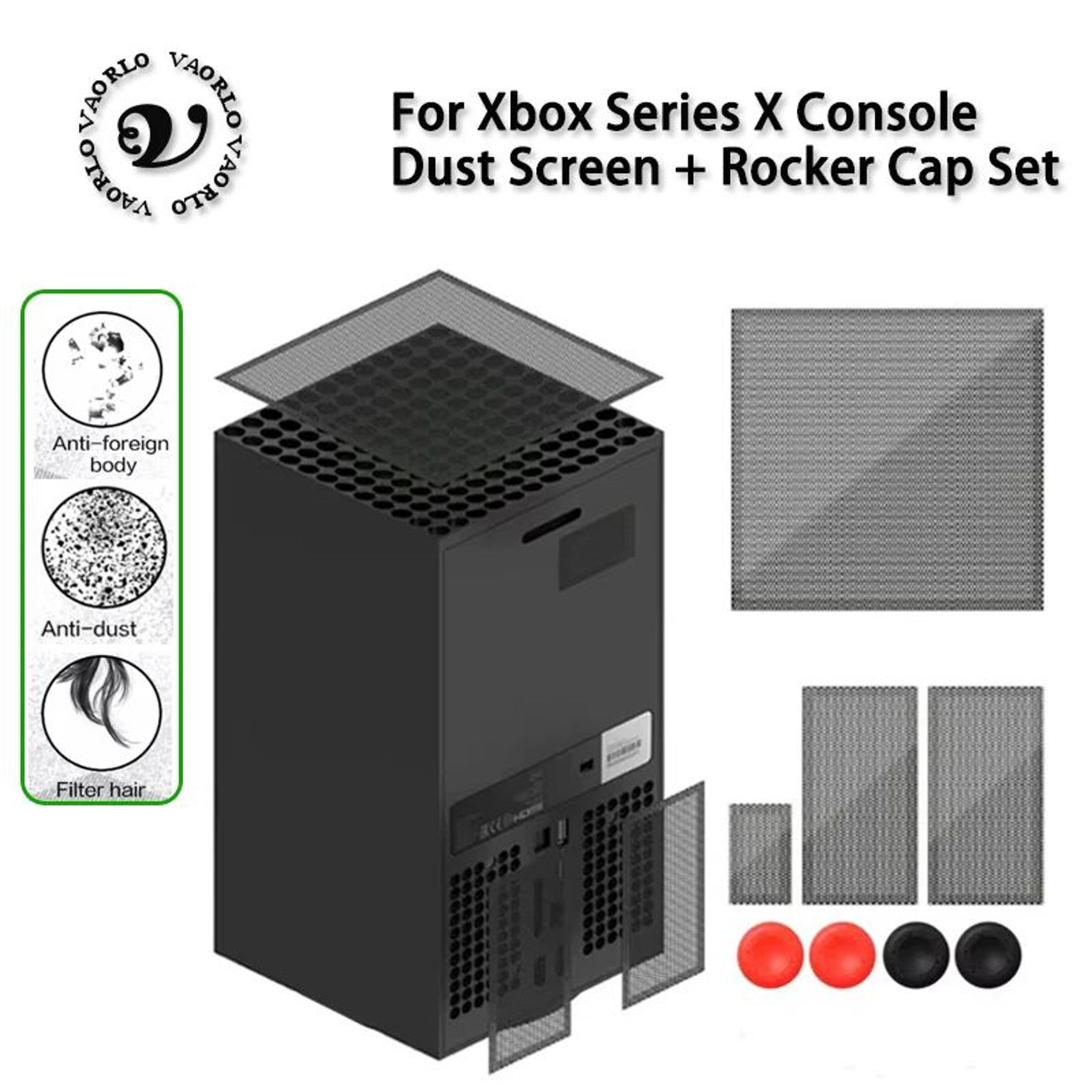 xbox series x dust filter cover with cooling vent mesh and thumbstick grip caps